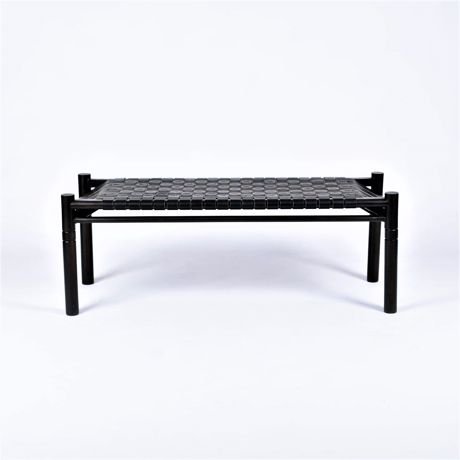 Hilda Woven Black Leather Bench Black Teak Frame Side - LuxoraCraft