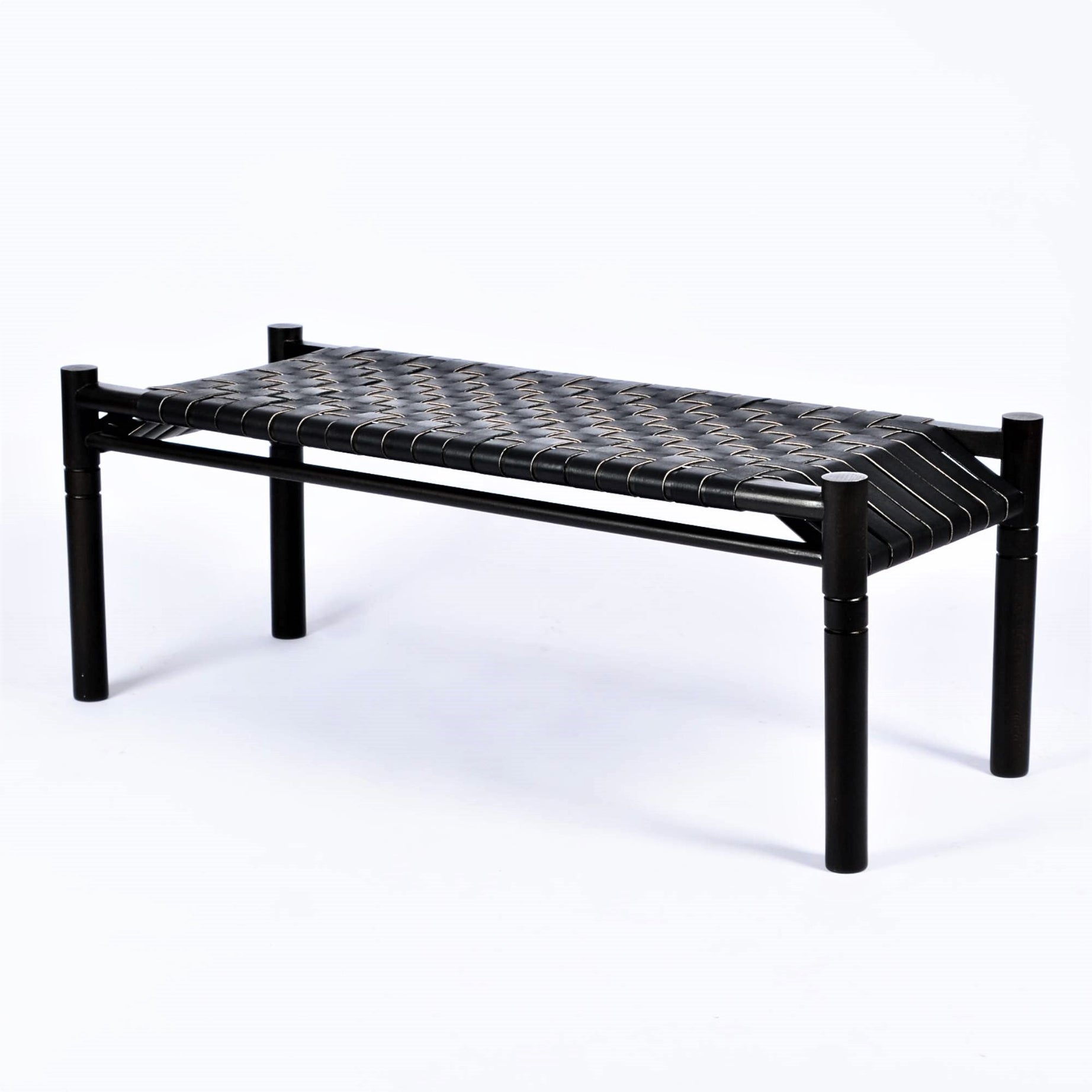 Hilda Woven Leather Bench Black Strap Black Teak Wood - LuxoraCraft