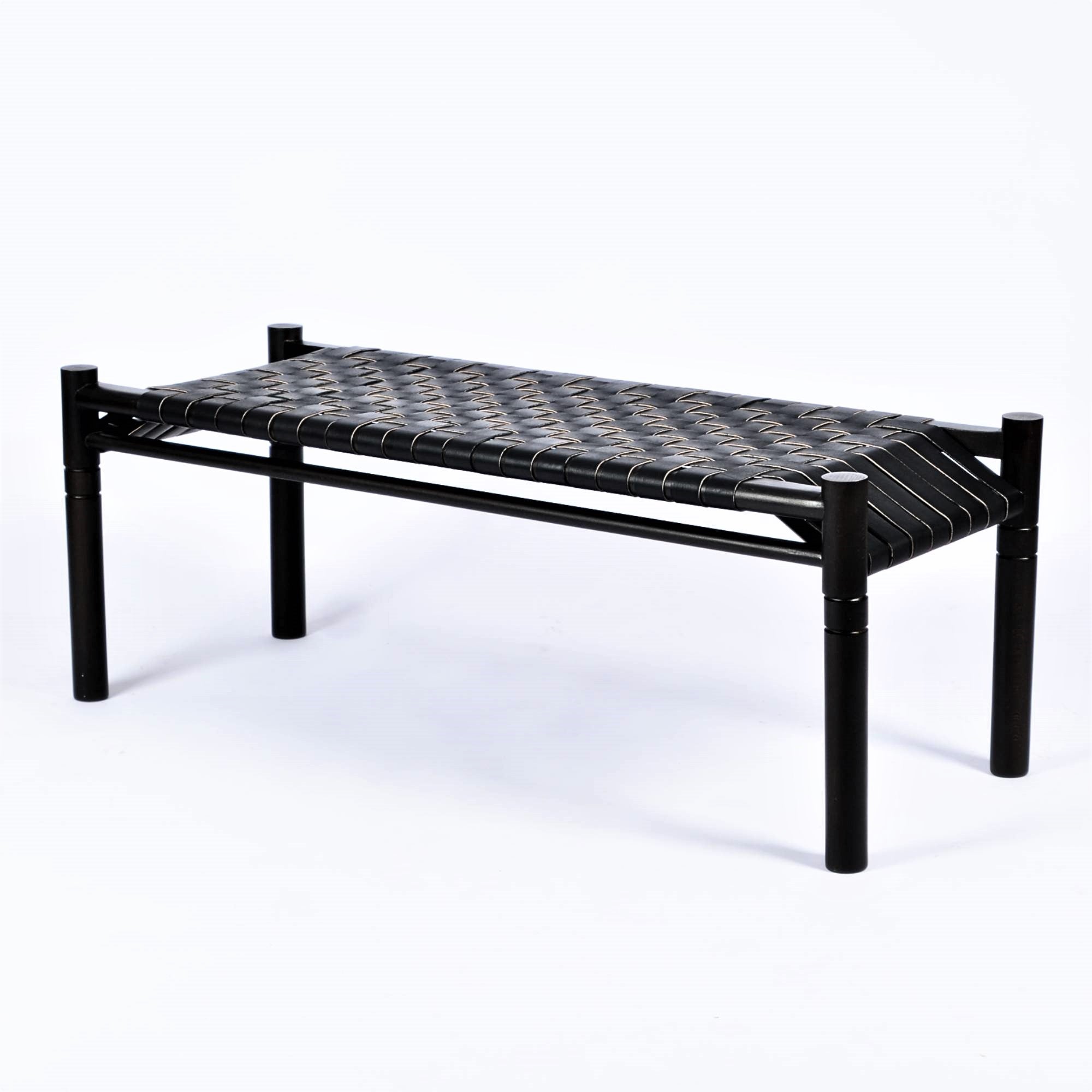 Hilda Woven Leather Bench Black Strap Black Teak Wood - LuxoraCraft