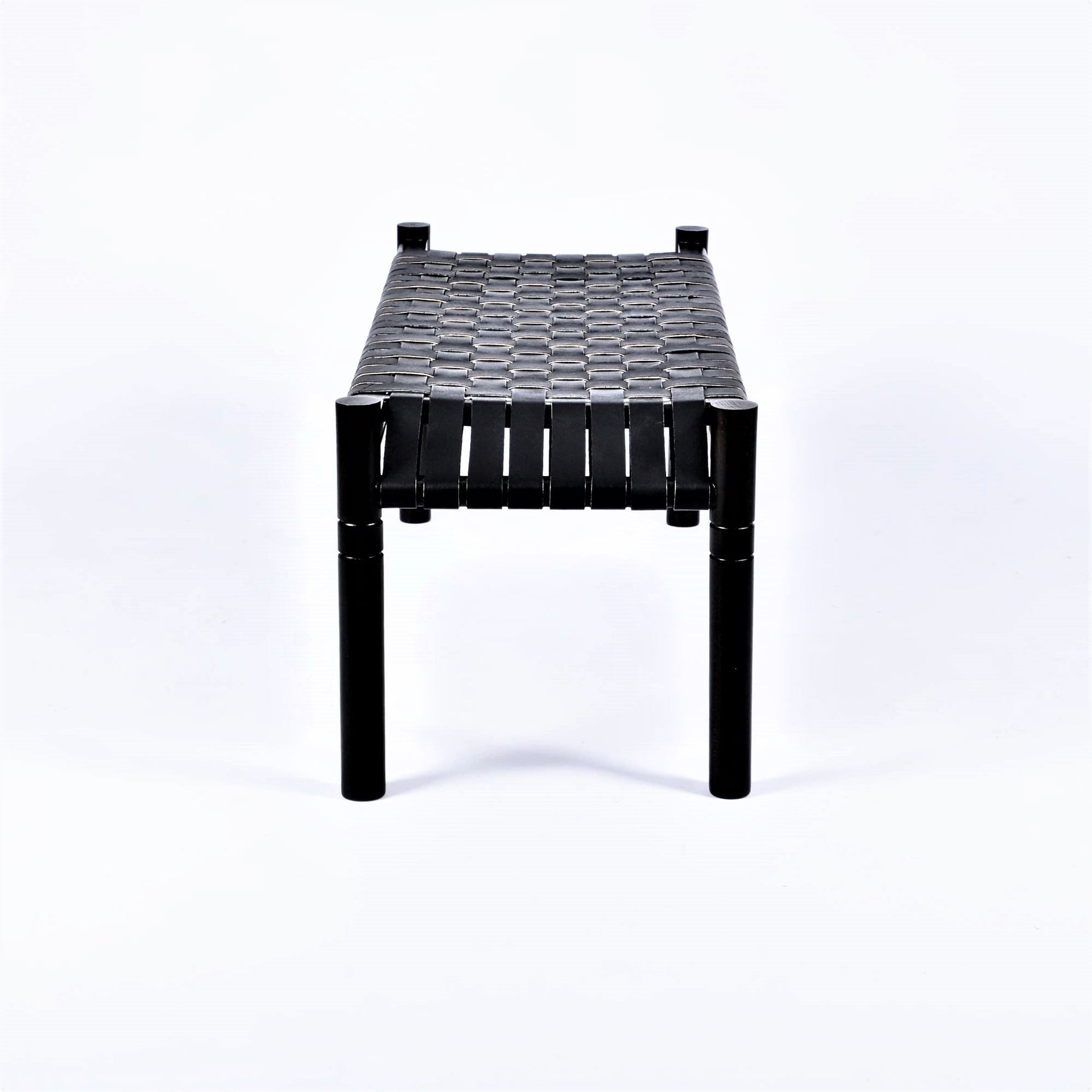 Hilda Black Teak Wood Woven Leather Bench Black Strap - LuxoraCraft