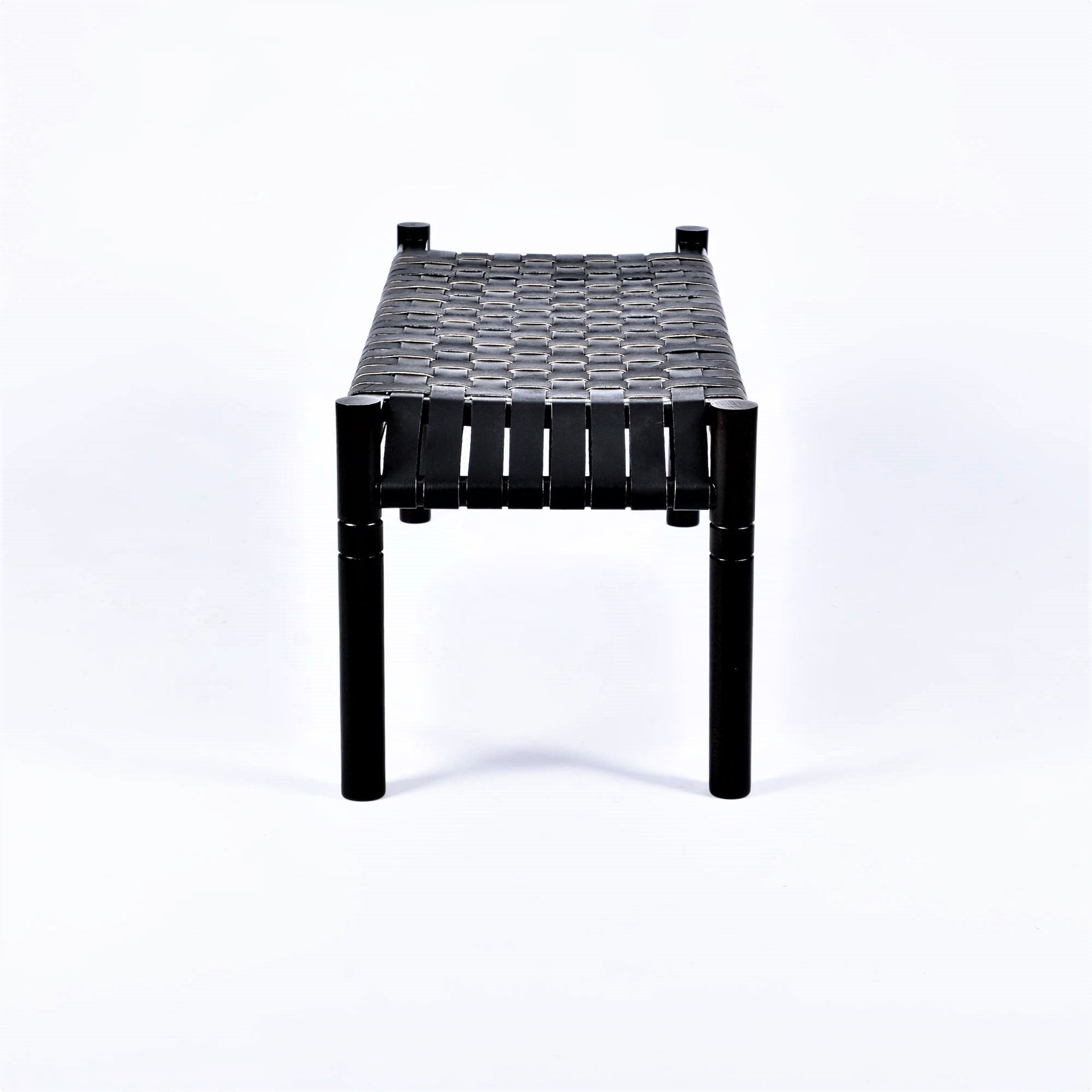 Hilda Black Teak Wood Woven Leather Bench Black Strap - LuxoraCraft