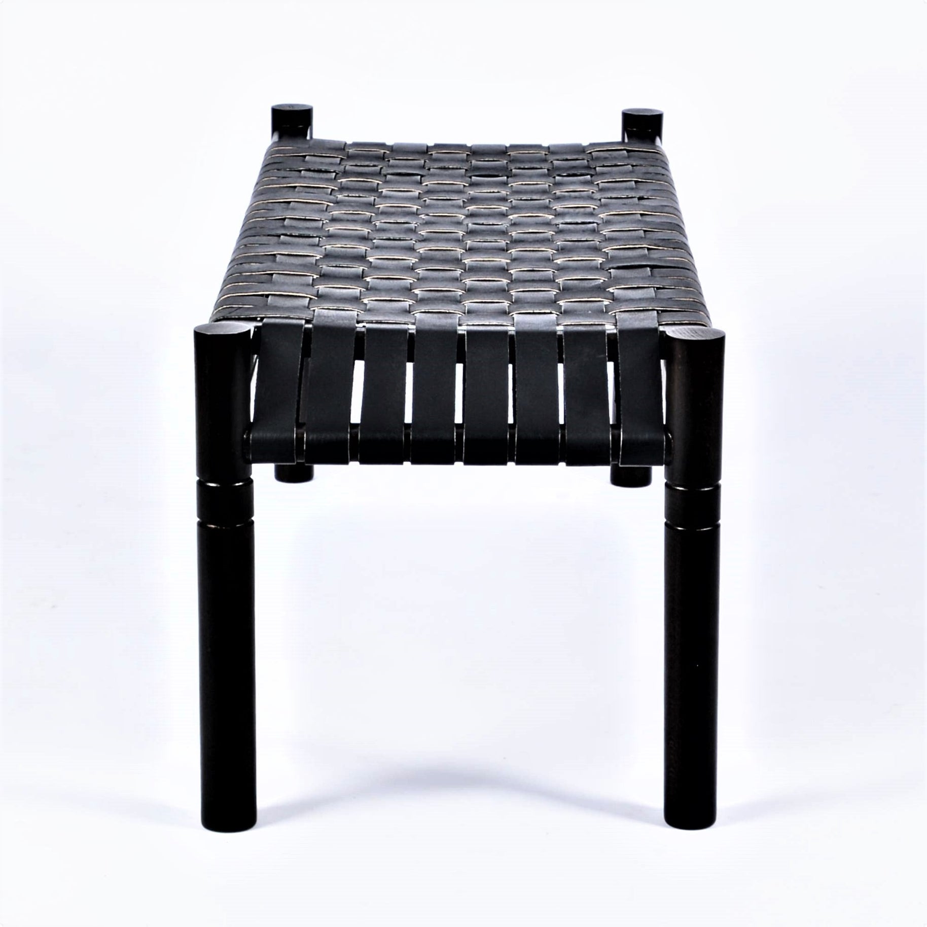 Hilda Black Strap Leather Bench Black Teak Handcrafted - LuxoraCraft