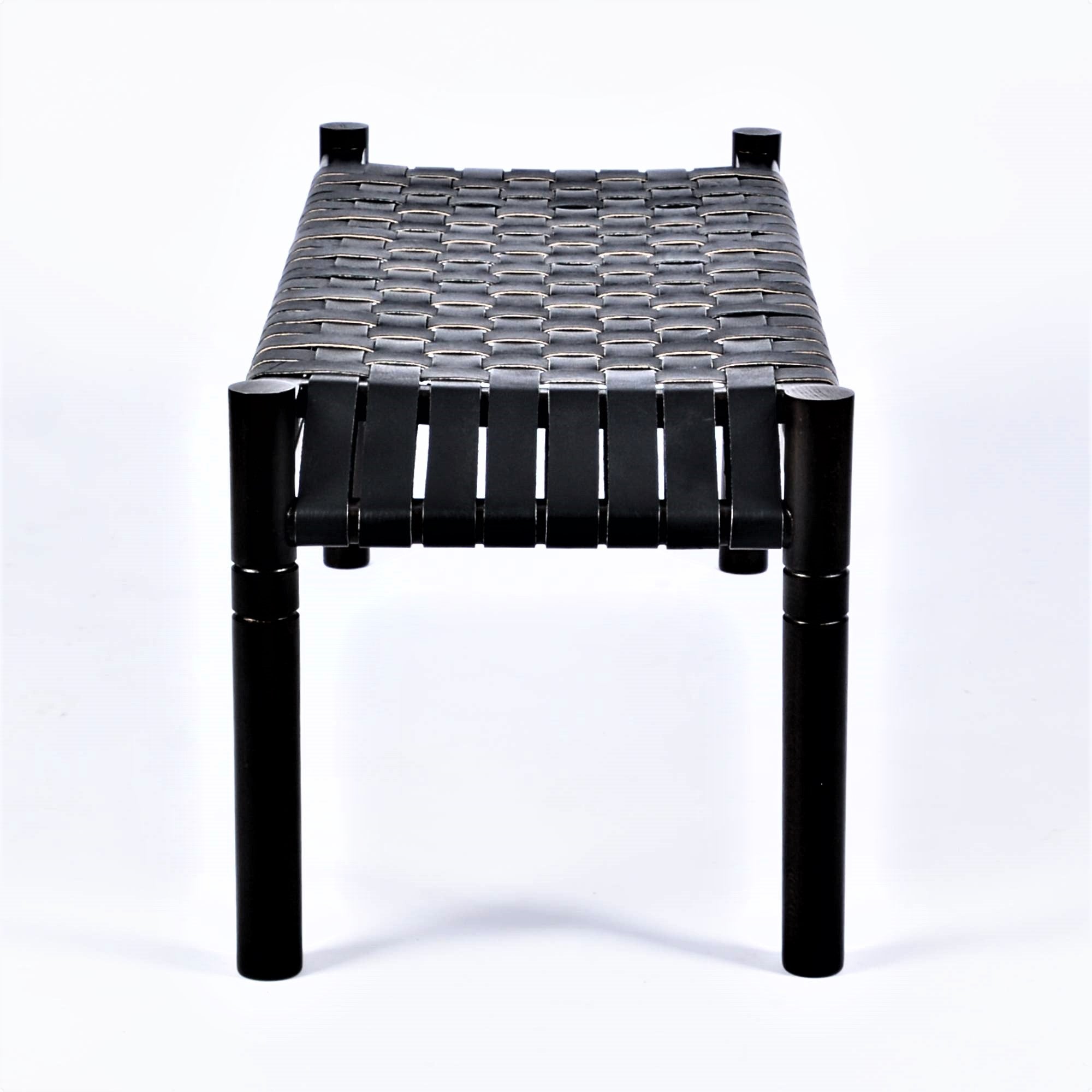 Hilda Black Strap Leather Bench Black Teak Handcrafted - LuxoraCraft