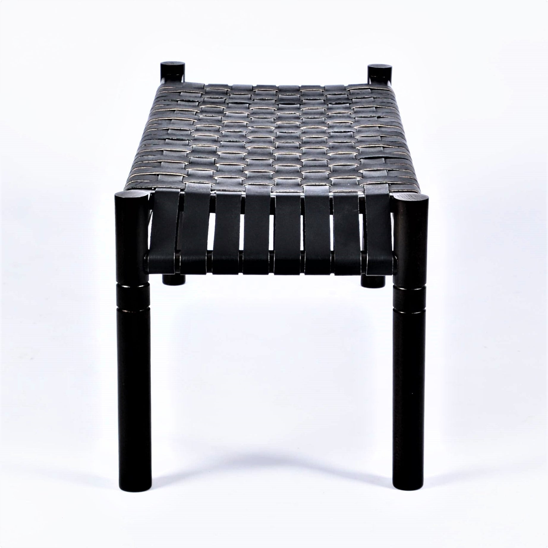 Hilda Woven Leather Bench Black Teak Wood With Black Strap Leather