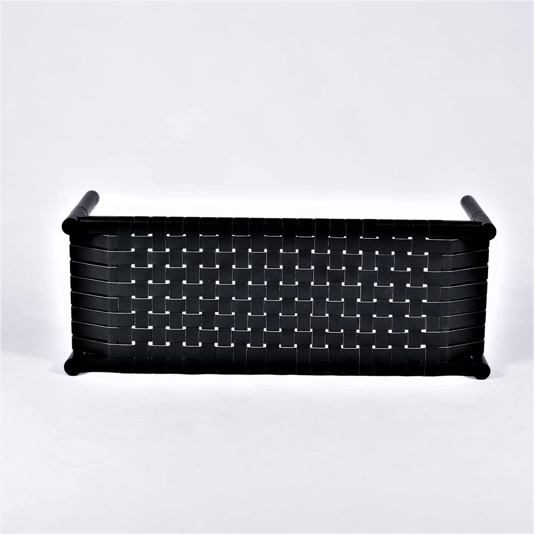 Hilda Woven Leather Bench Black Teak Wood With Black Strap Leather