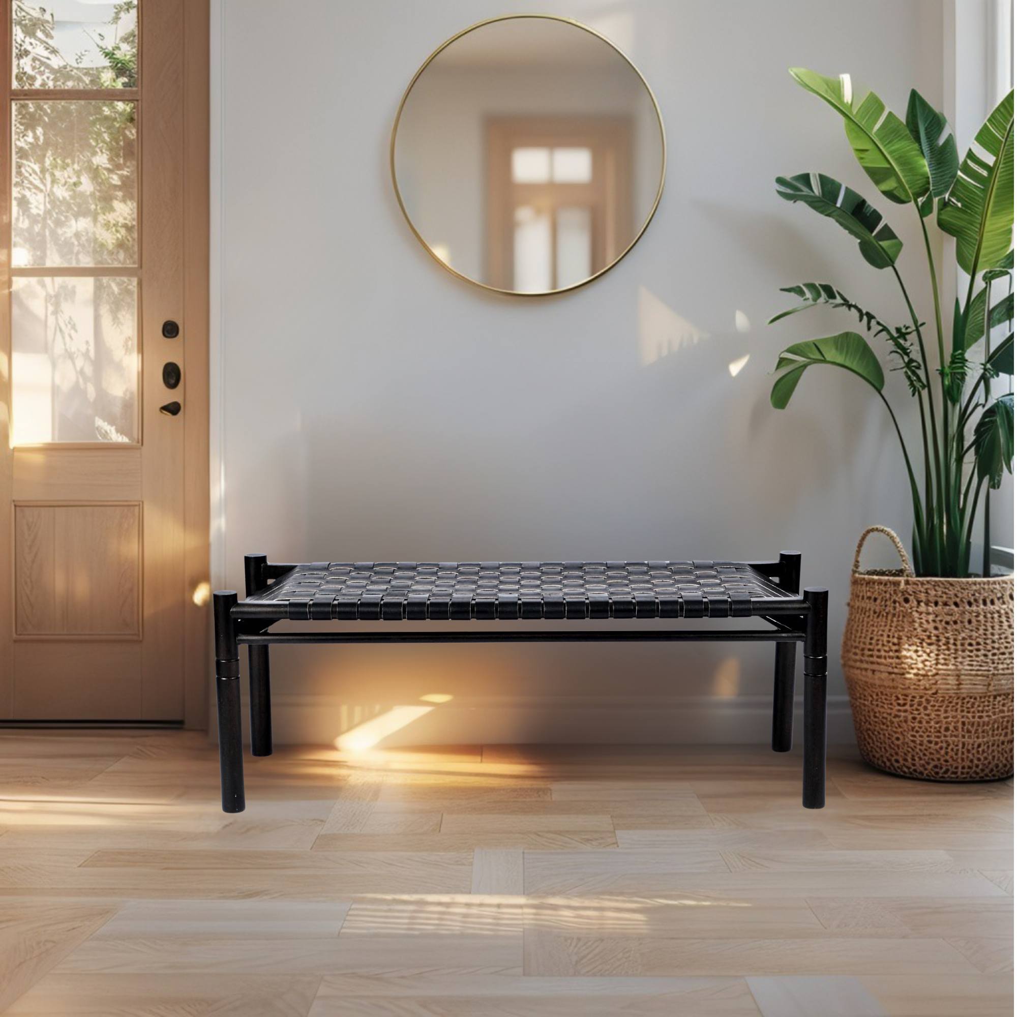 Woven Leather Bench – Black Strap Leather Seat on Black Teak Wood Frame