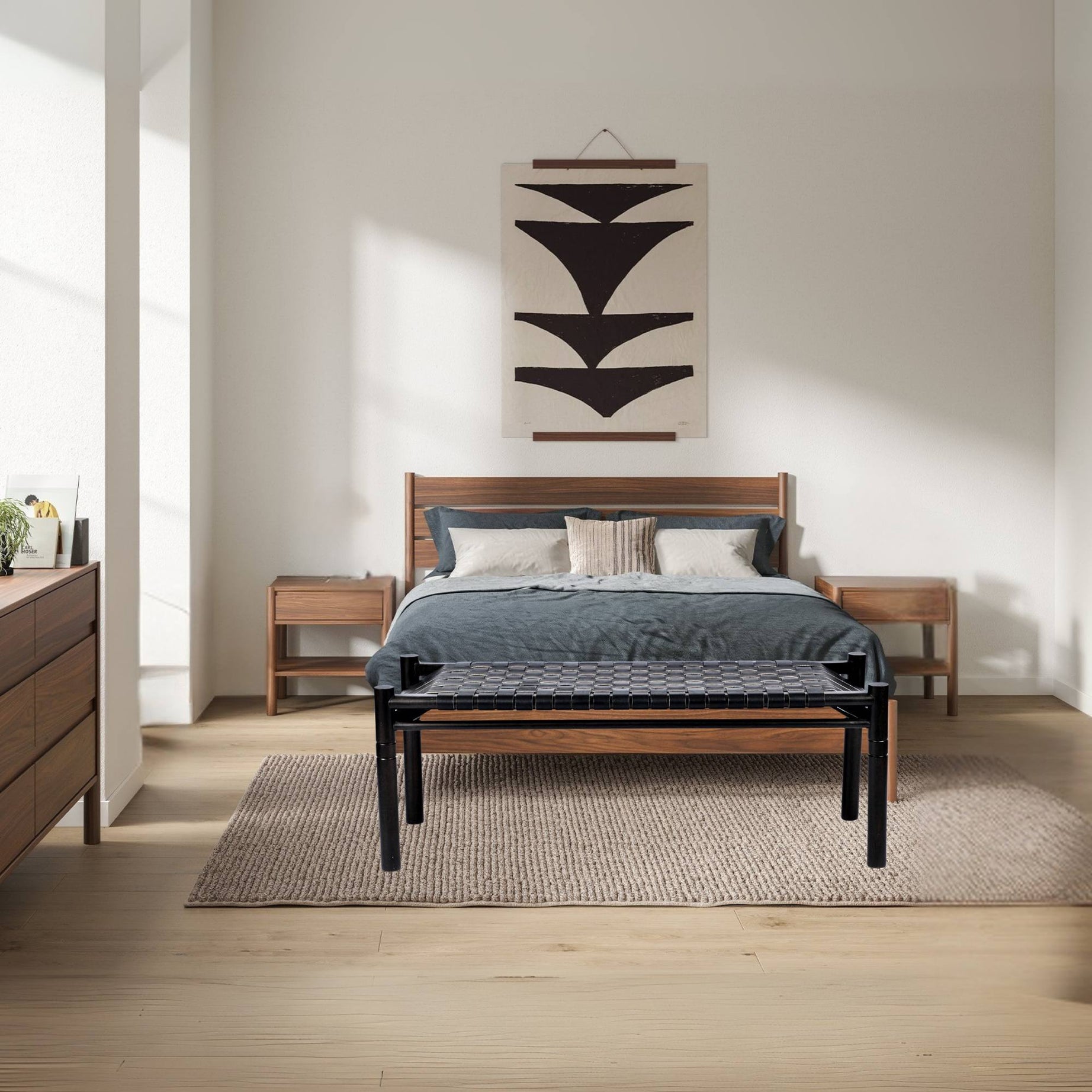 Woven Leather Bench – Black Strap Leather Seat on Black Teak Wood Frame