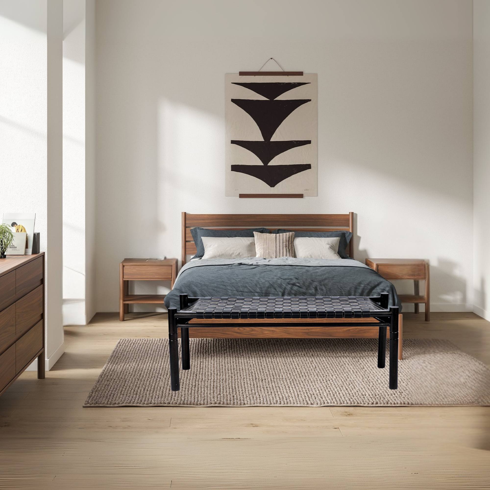 Woven Leather Bench – Black Strap Leather Seat on Black Teak Wood Frame