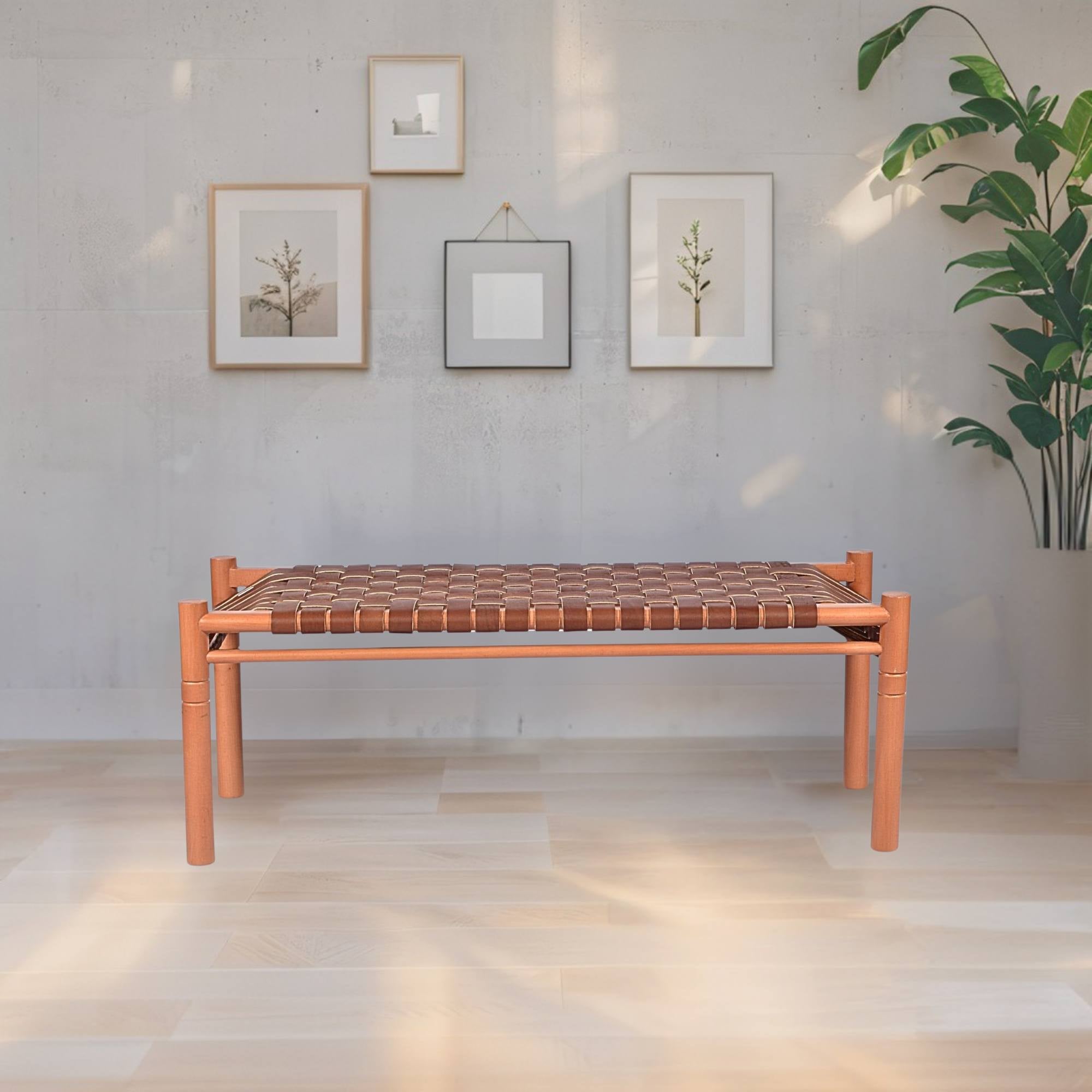 Woven Leather Bench – Brown Cognac Strap Leather Seat on Cognac Teak Wood Frame