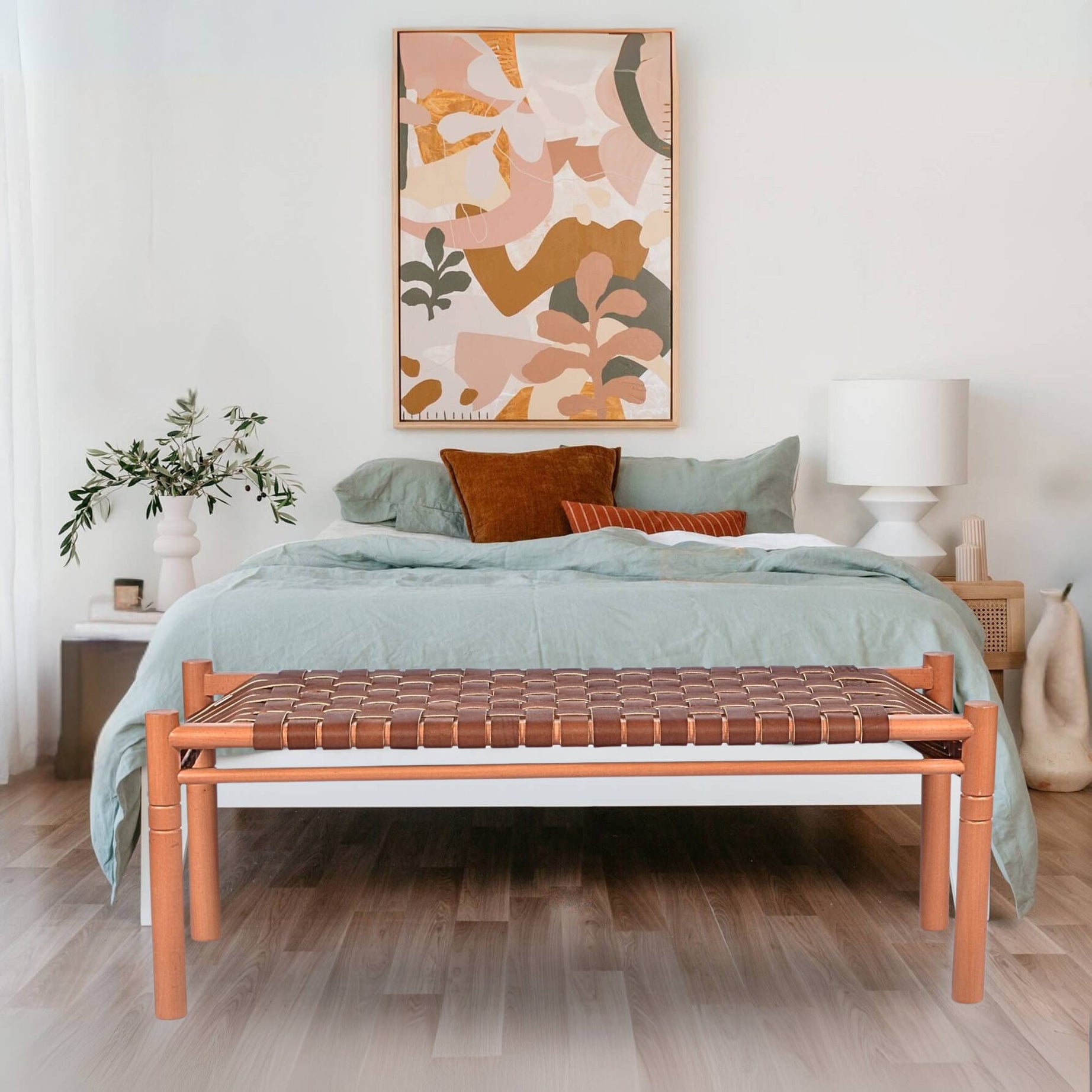 Woven Leather Bench – Brown Cognac Strap Leather Seat on Cognac Teak Wood Frame