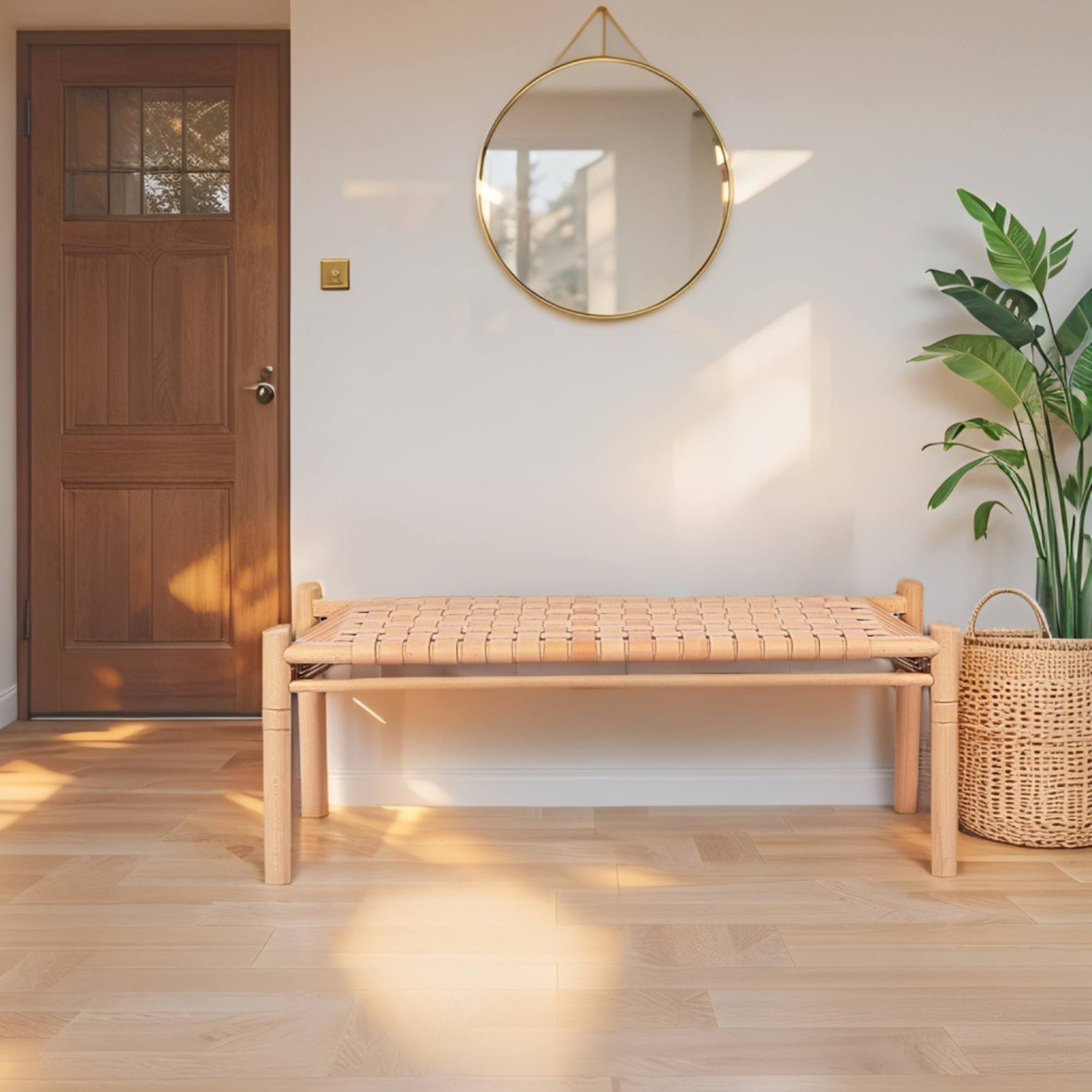 Woven Leather Bench – Beige Strap Leather Seat on Varnished Teak Wood Frame