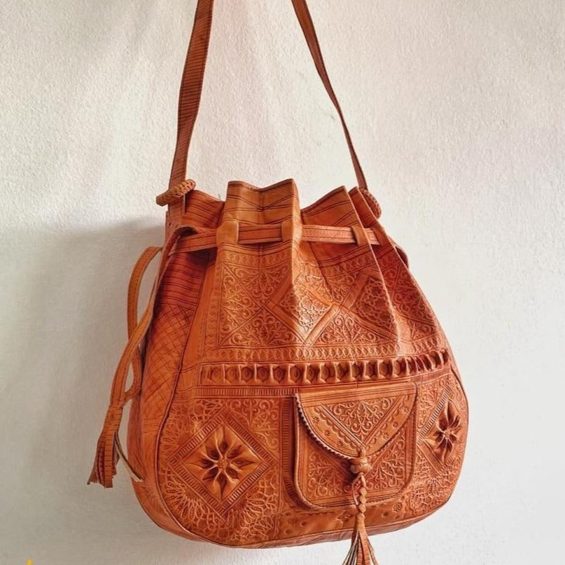 Light Brown Moroccan Leather Shoulder Bag Handmade Boho - LuxoraCraft