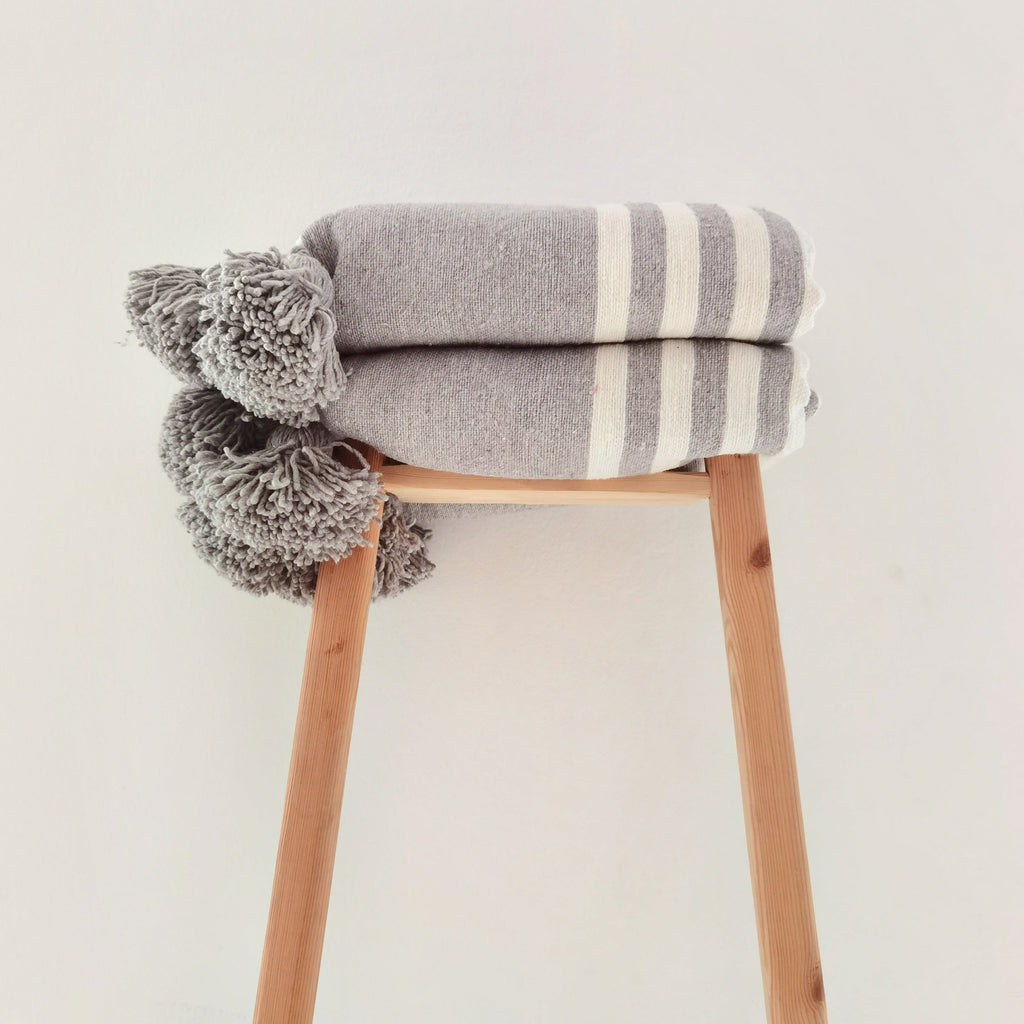 Gray White Moroccan Blanket Throw Handwoven Authentic - LuxoraCraft