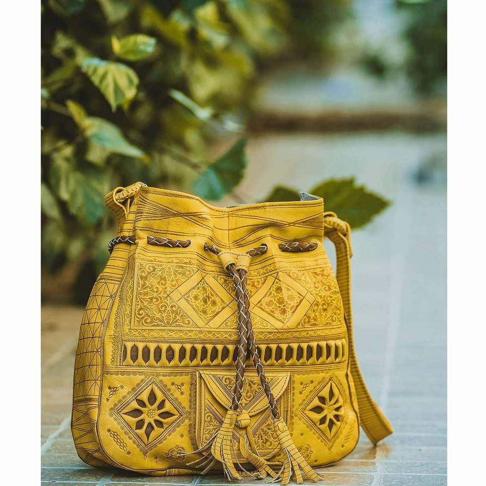 Yellow Moroccan Leather Shoulder Bag Handmade Boho Vibrant - LuxoraCraft