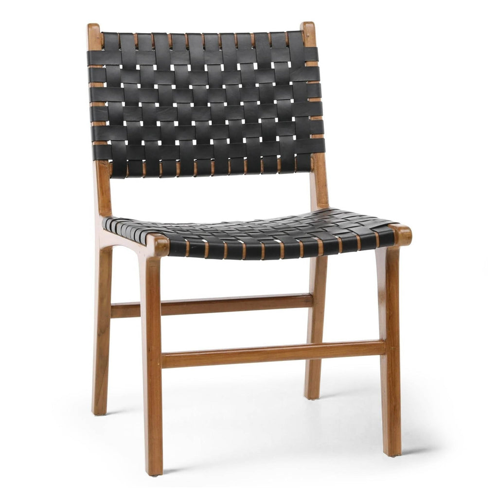 Ljus Black Leather Dining Chair Woven Backrest Seat White Background - LuxoraCraft