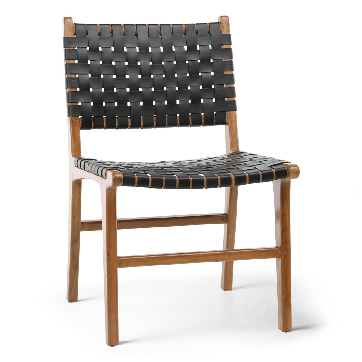 Ljus Black Leather Dining Chair Woven Backrest Seat White Background - LuxoraCraft