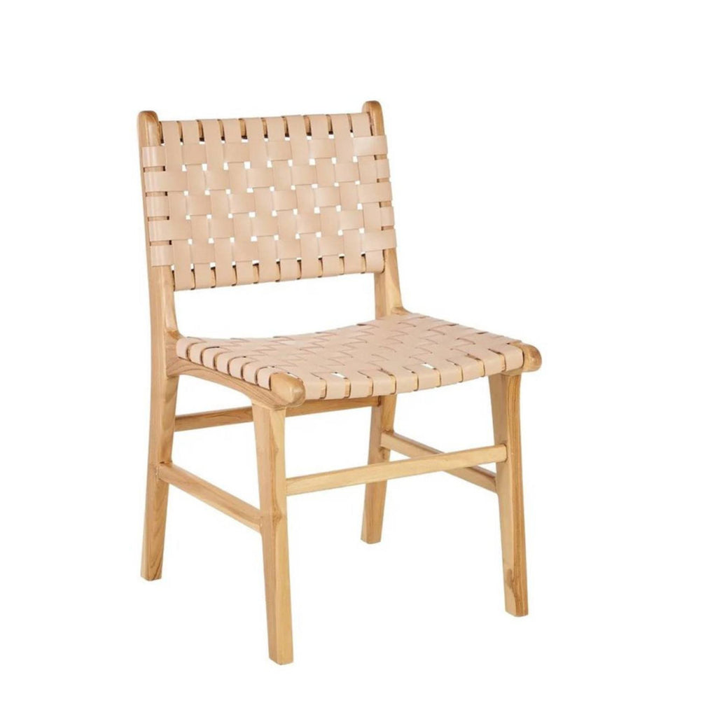 Ljus Leather Dining Chair Beige Woven Seat White Background - LuxoraCraft