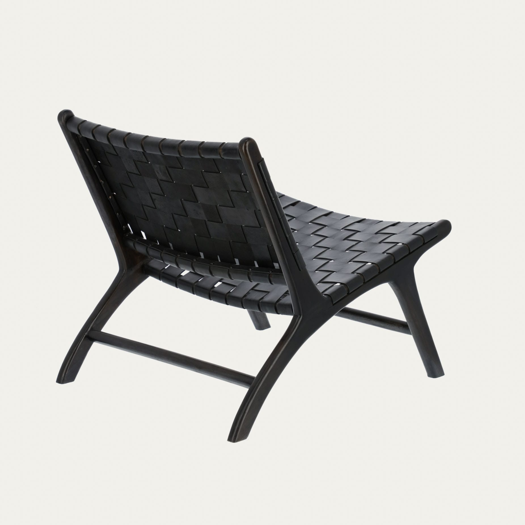 Black Full-Grain Woven Leather Lounge Chair – Handcrafted with Teak Wood Frame