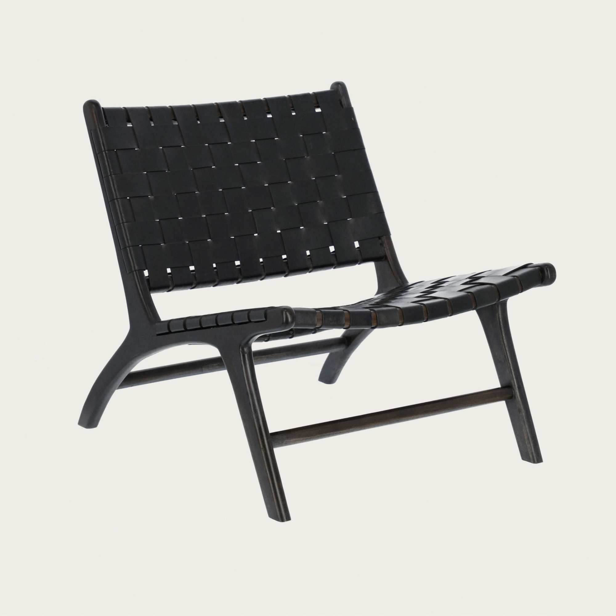 Black Full-Grain Woven Leather Lounge Chair – Handcrafted with Teak Wood Frame