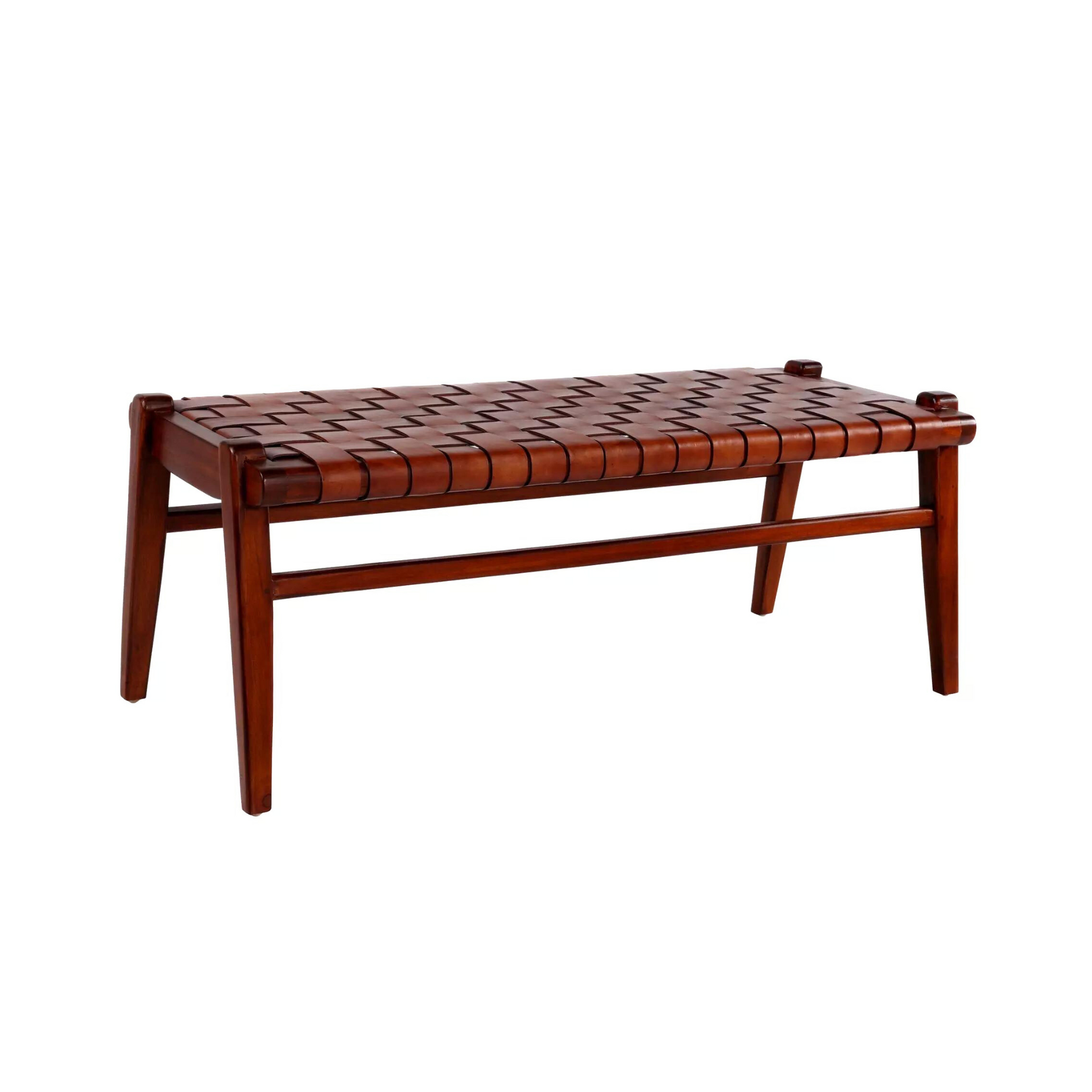Einar Woven Leather Bench Saddle Seat Teak Handcrafted - LuxoraCraft
