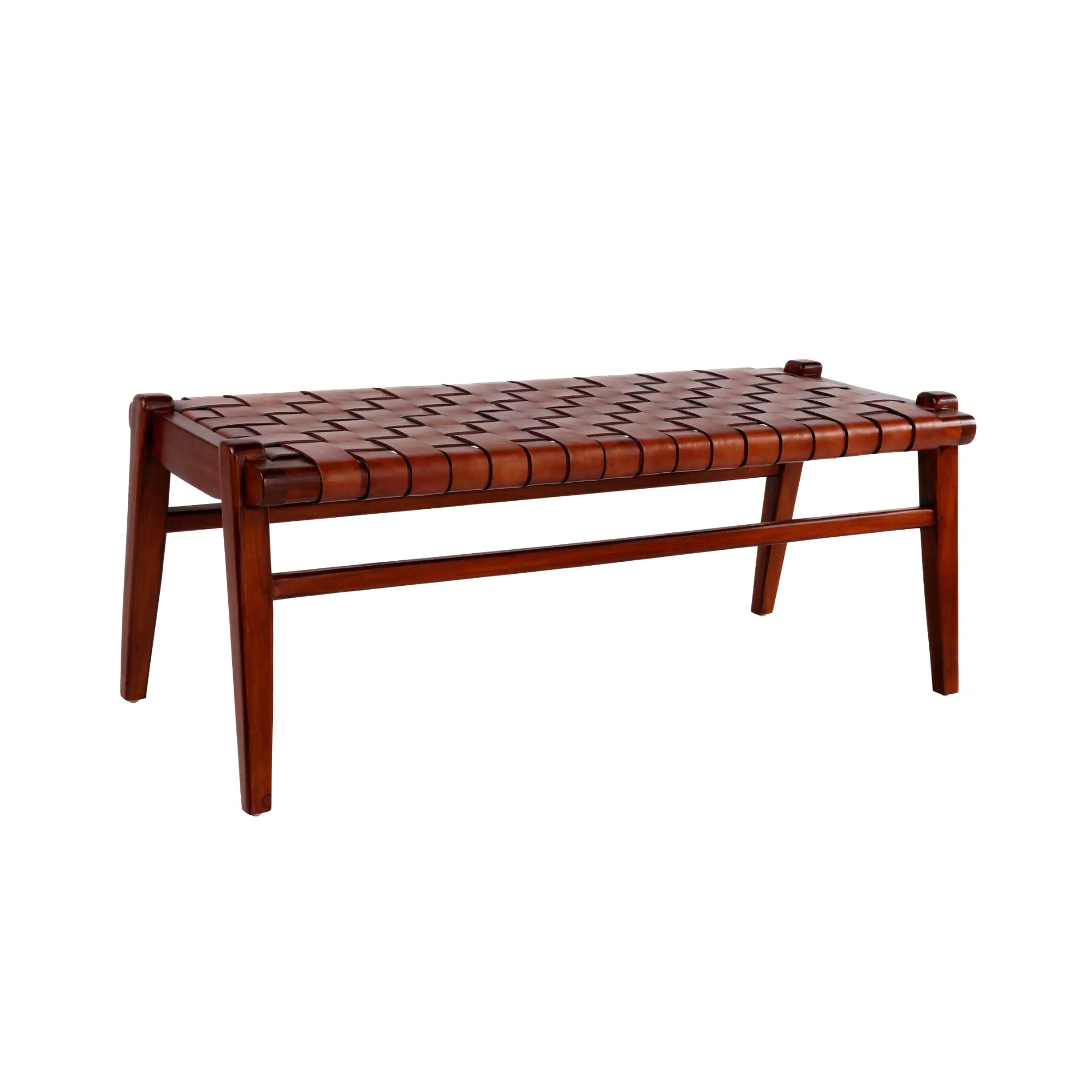 Einar Woven Leather Bench Saddle Seat Teak Handcrafted - LuxoraCraft