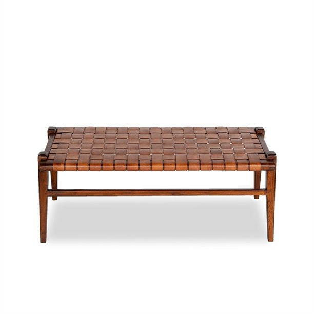Einar Saddle Leather Woven Bench Teak Wood Front View - LuxoraCraft