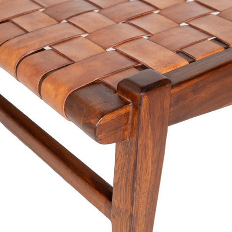 Einar Woven Leather Bench Saddle Side View Moroccan Artisan - LuxoraCraft