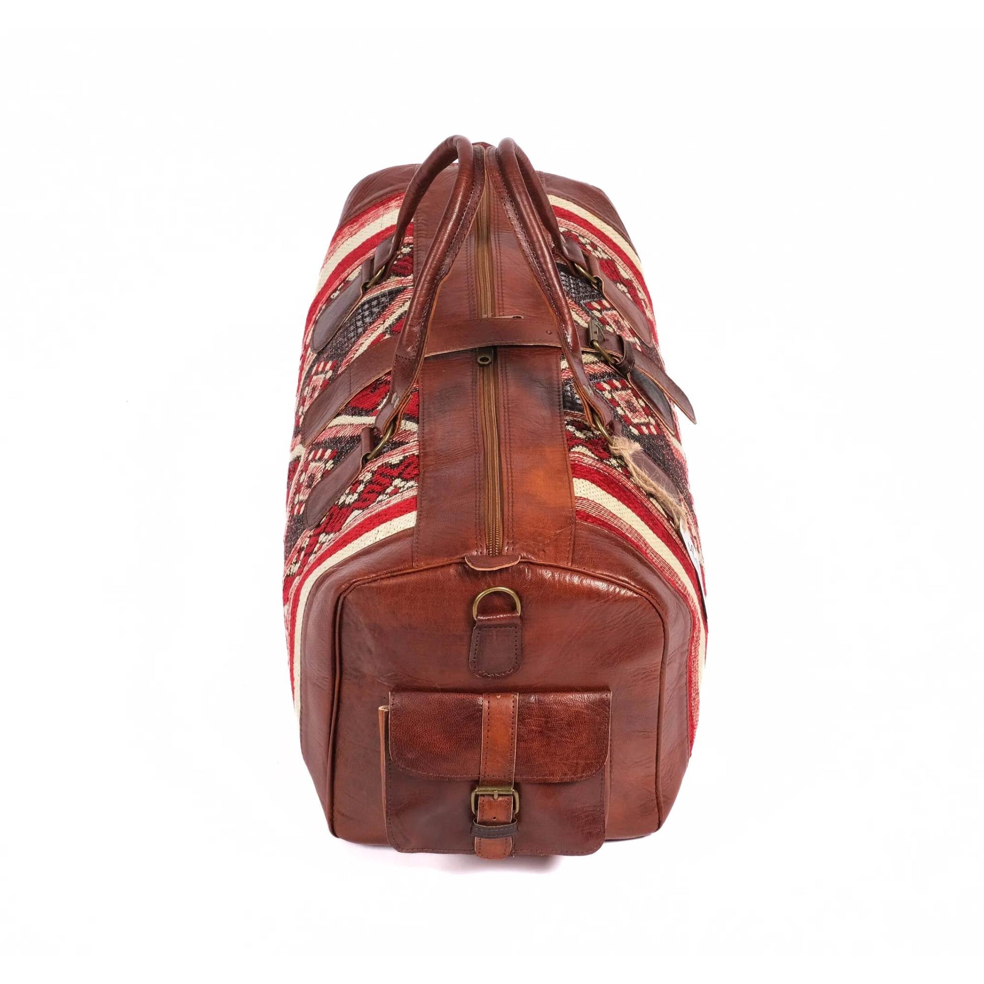 Brown Kilim Leather Weekender Bag Side View Marrakech - LuxoraCraft