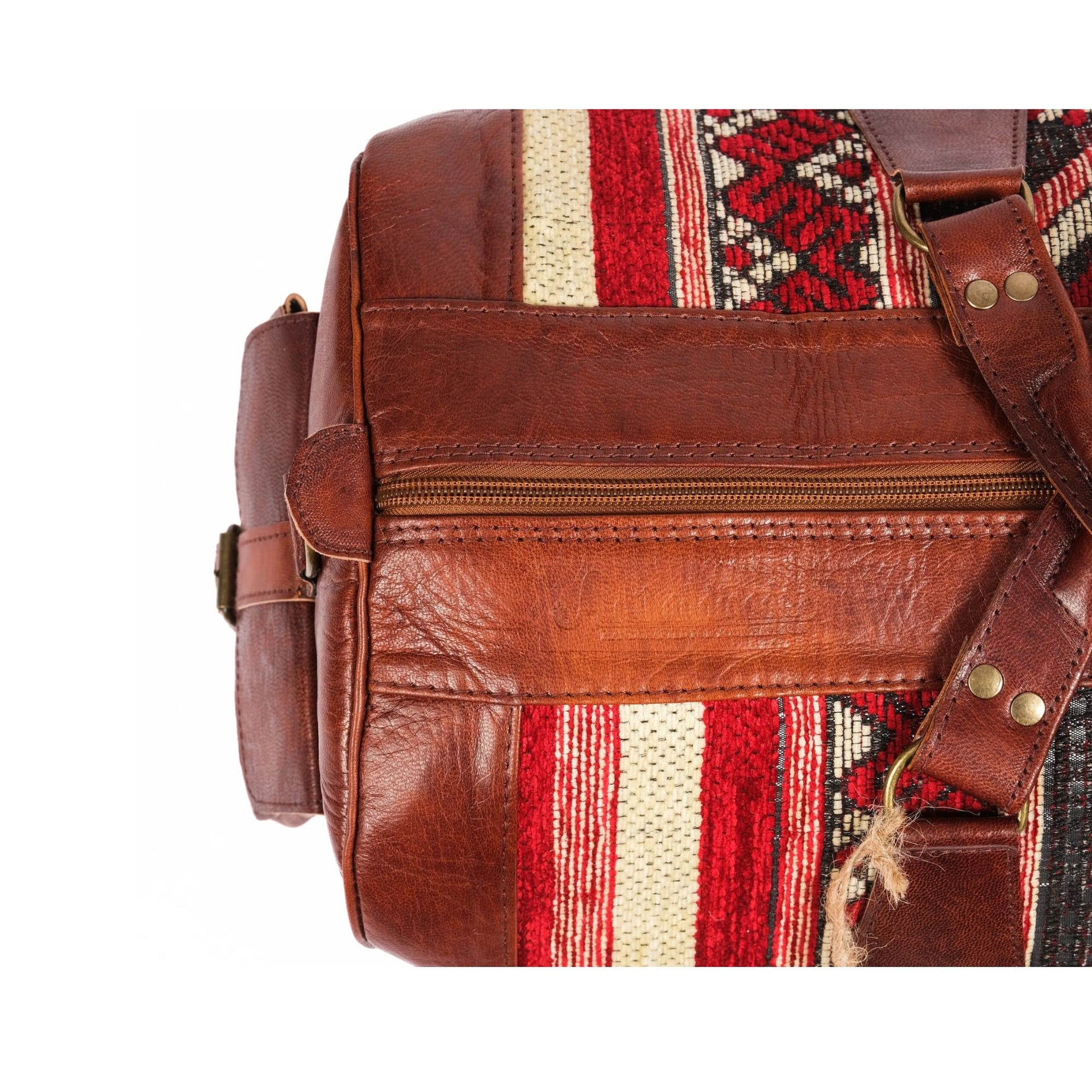 Brown Leather Kilim Duffel Bag Front View Moroccan Style - LuxoraCraft