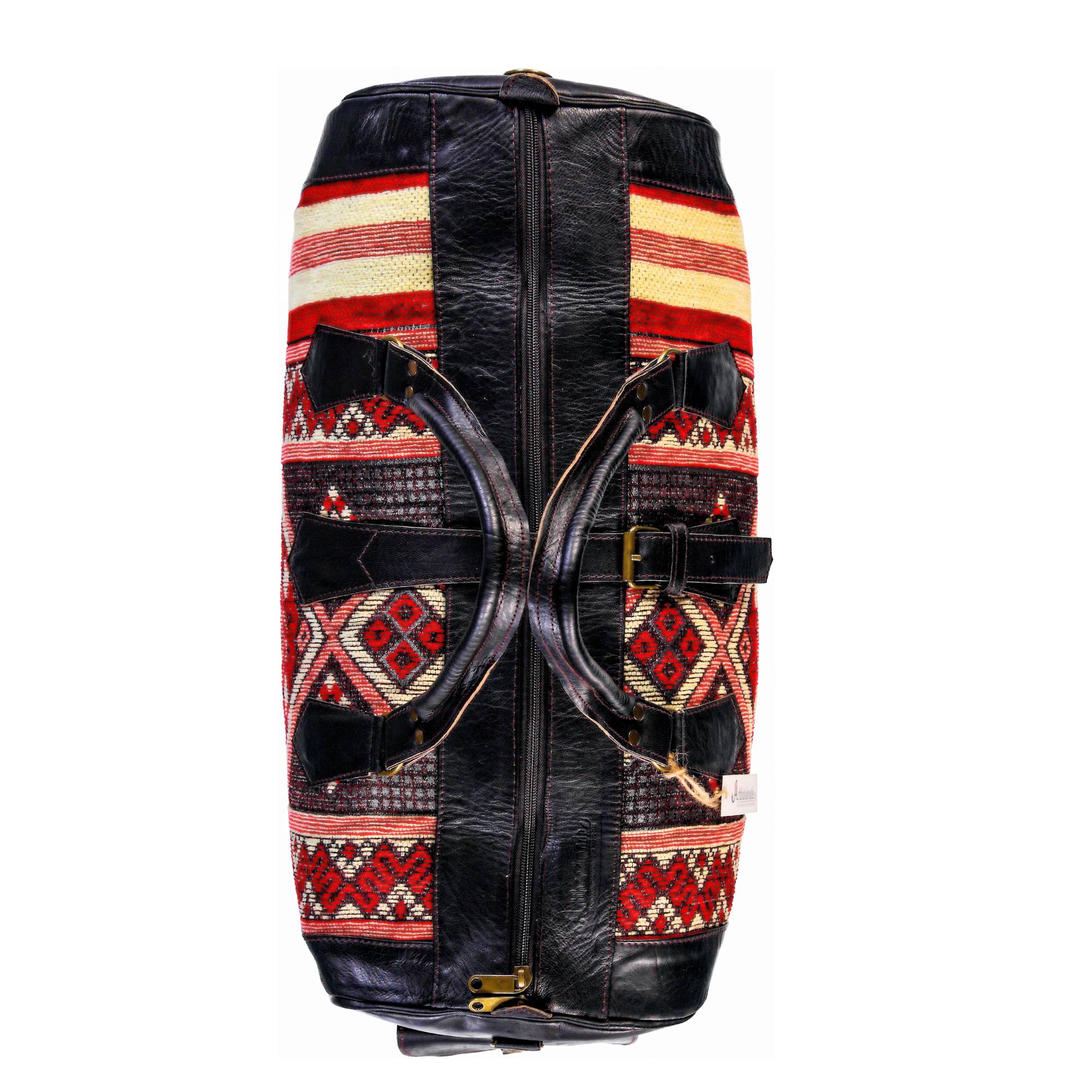 Black Leather Kilim Duffel Bag Side View Moroccan Style - LuxoraCraft