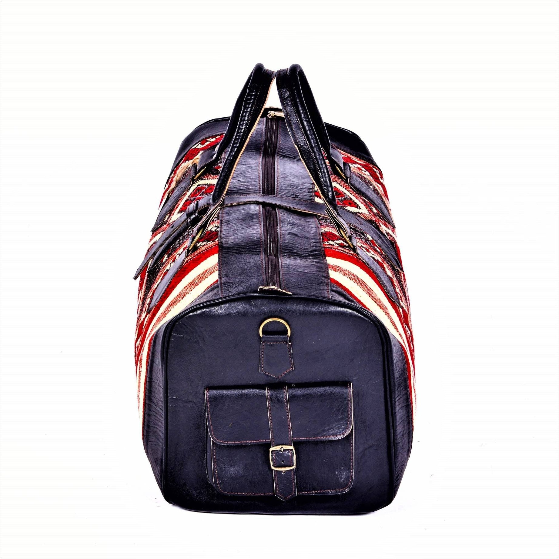 Black Genuine Leather Kilim Travel Bag Morocco Artisan - LuxoraCraft