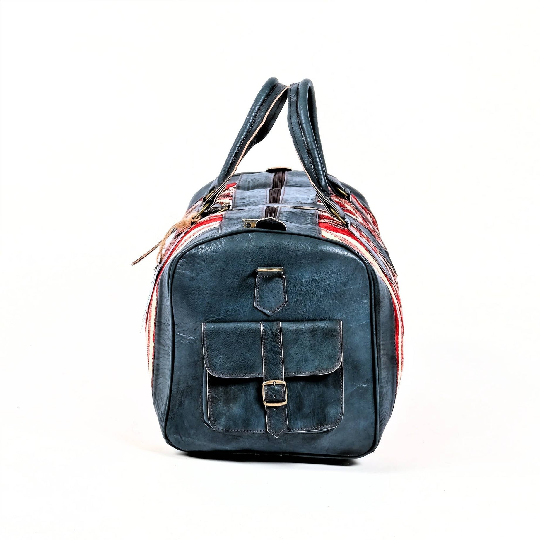 Blue Leather Kilim Duffel Bag Interior View Moroccan Style - LuxoraCraft