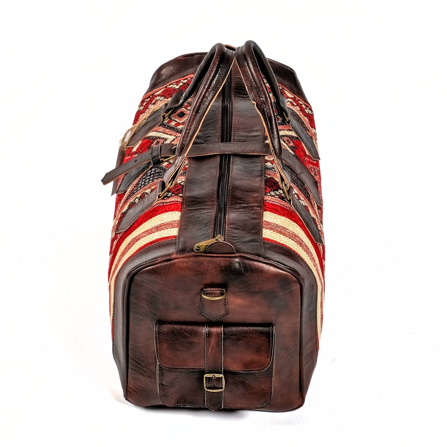 Dark Brown Kilim Leather Weekender Bag Marrakech Artisan - LuxoraCraft