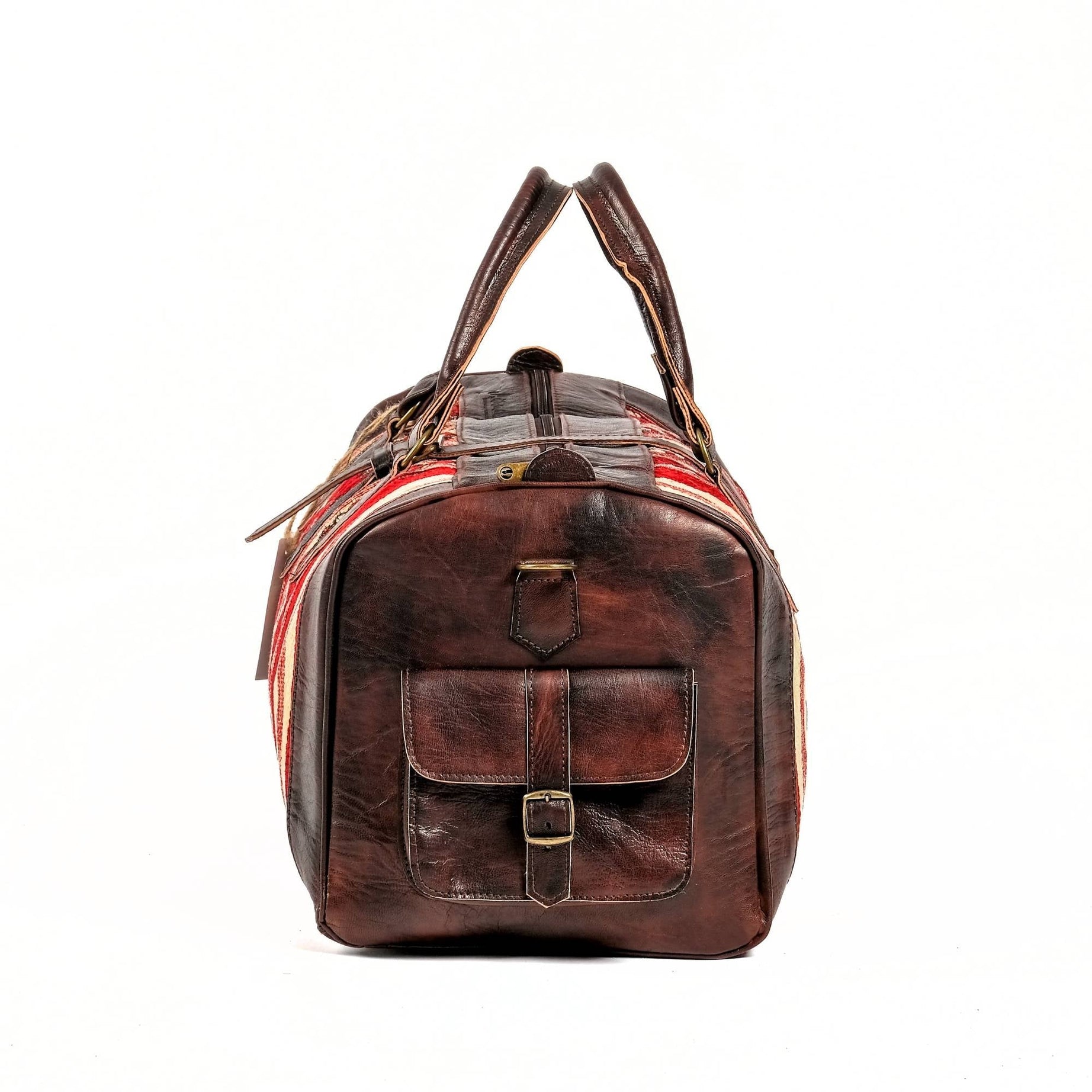 Dark Brown Leather Kilim Duffel Bag Side View Moroccan Style - LuxoraCraft