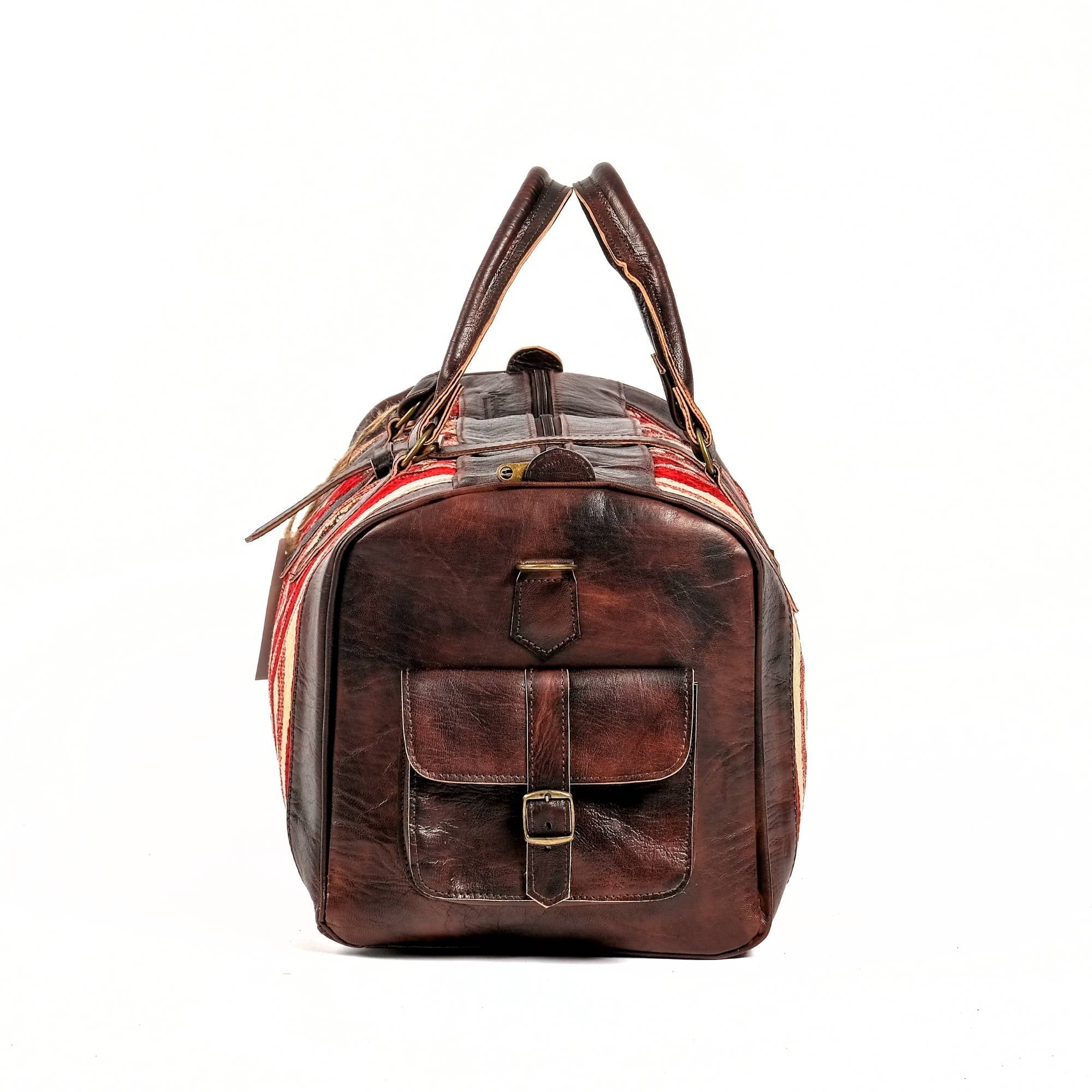 Dark Brown Leather Kilim Duffel Bag Side View Moroccan Style - LuxoraCraft