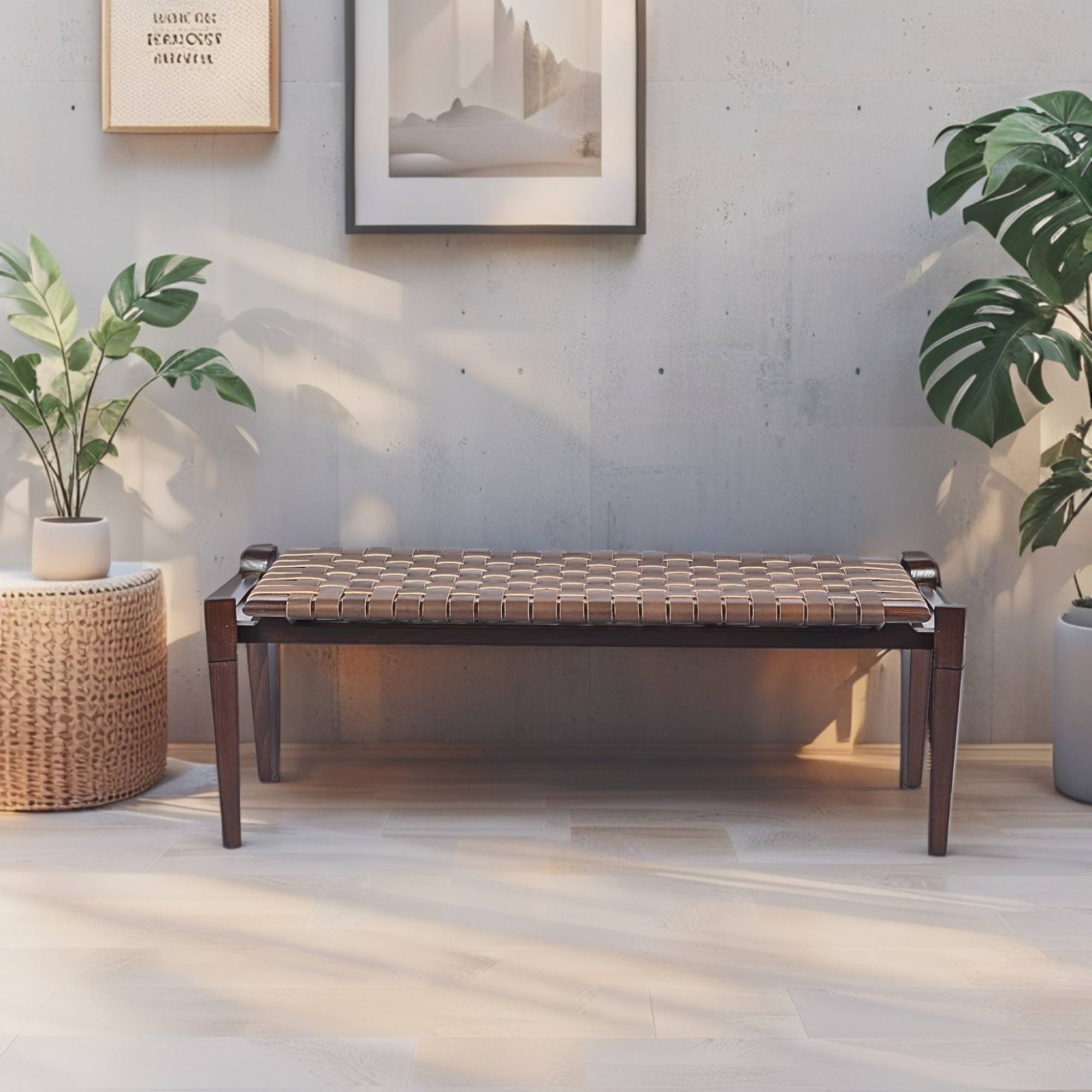 Woven Leather Bench – Brown Strap Leather Seat on Brown Teak Wood Frame