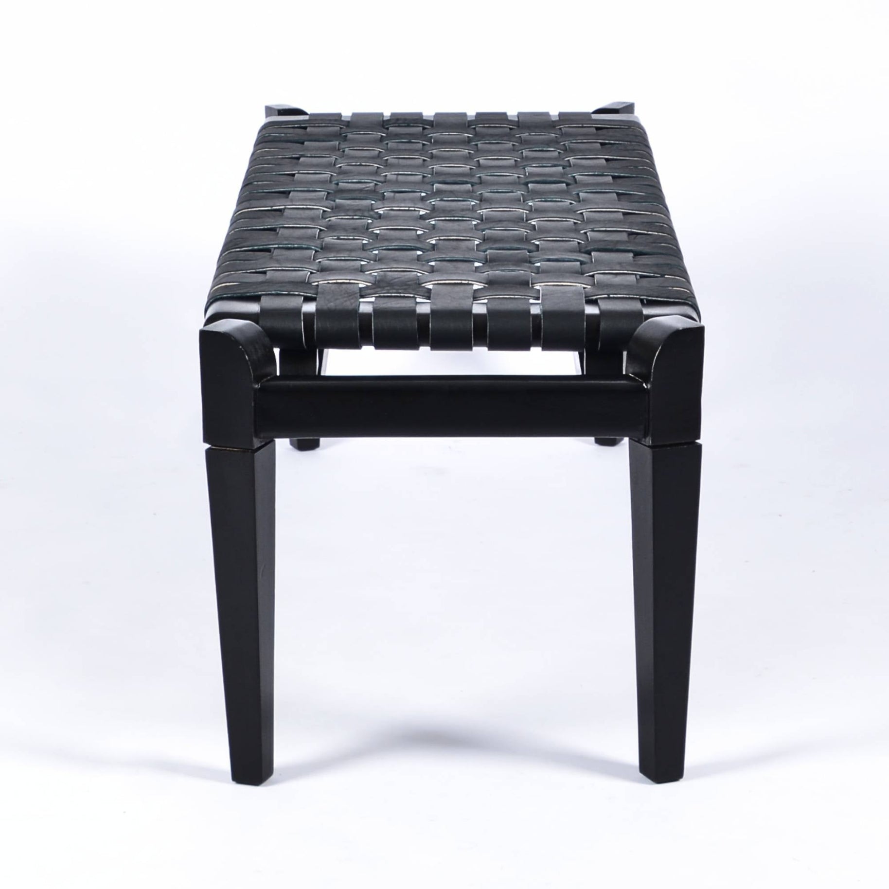 Leif Woven Leather Bench Black Teak Wood With Black Strap Leather