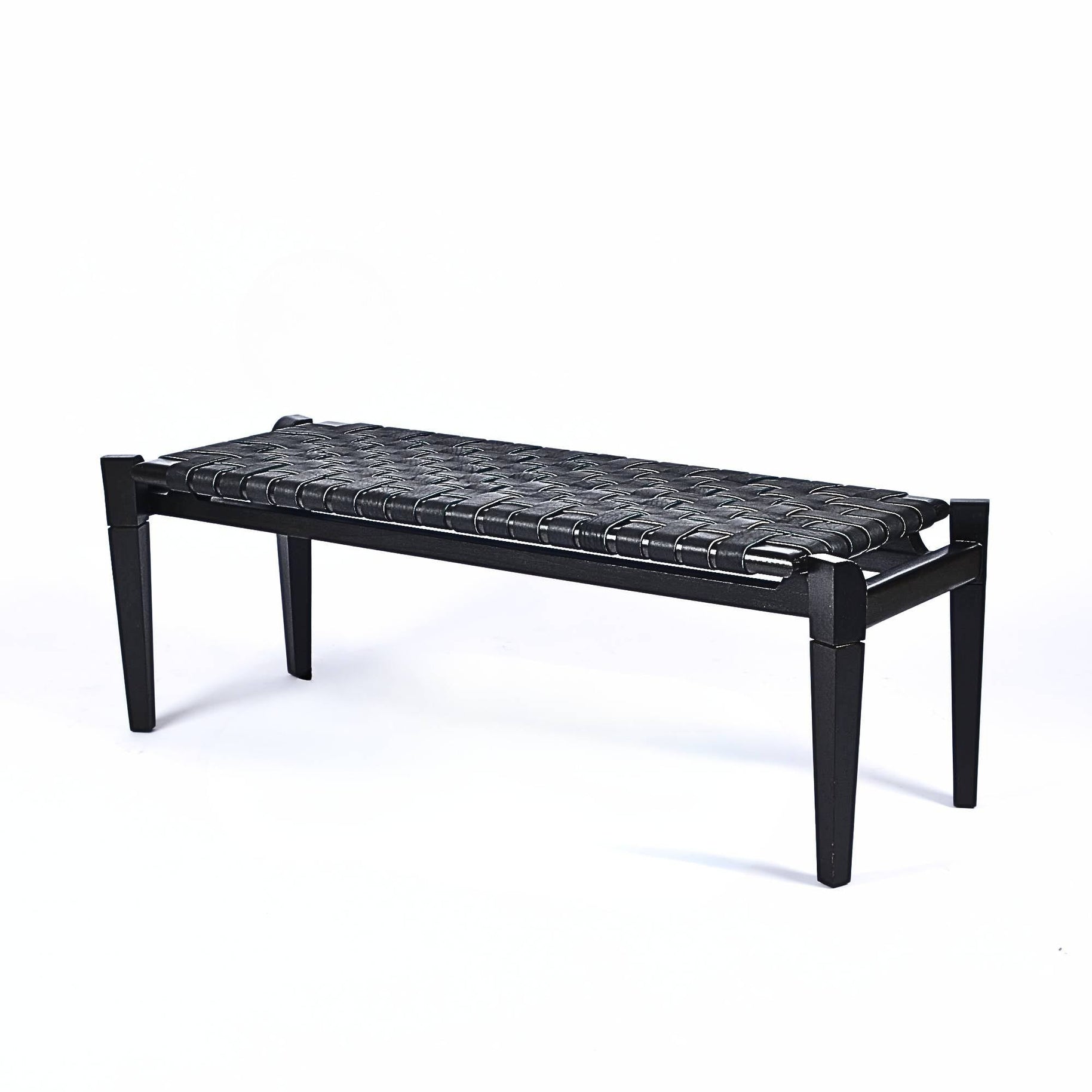 Leif Woven Leather Bench Black Strap Black Teak Wood - LuxoraCraft