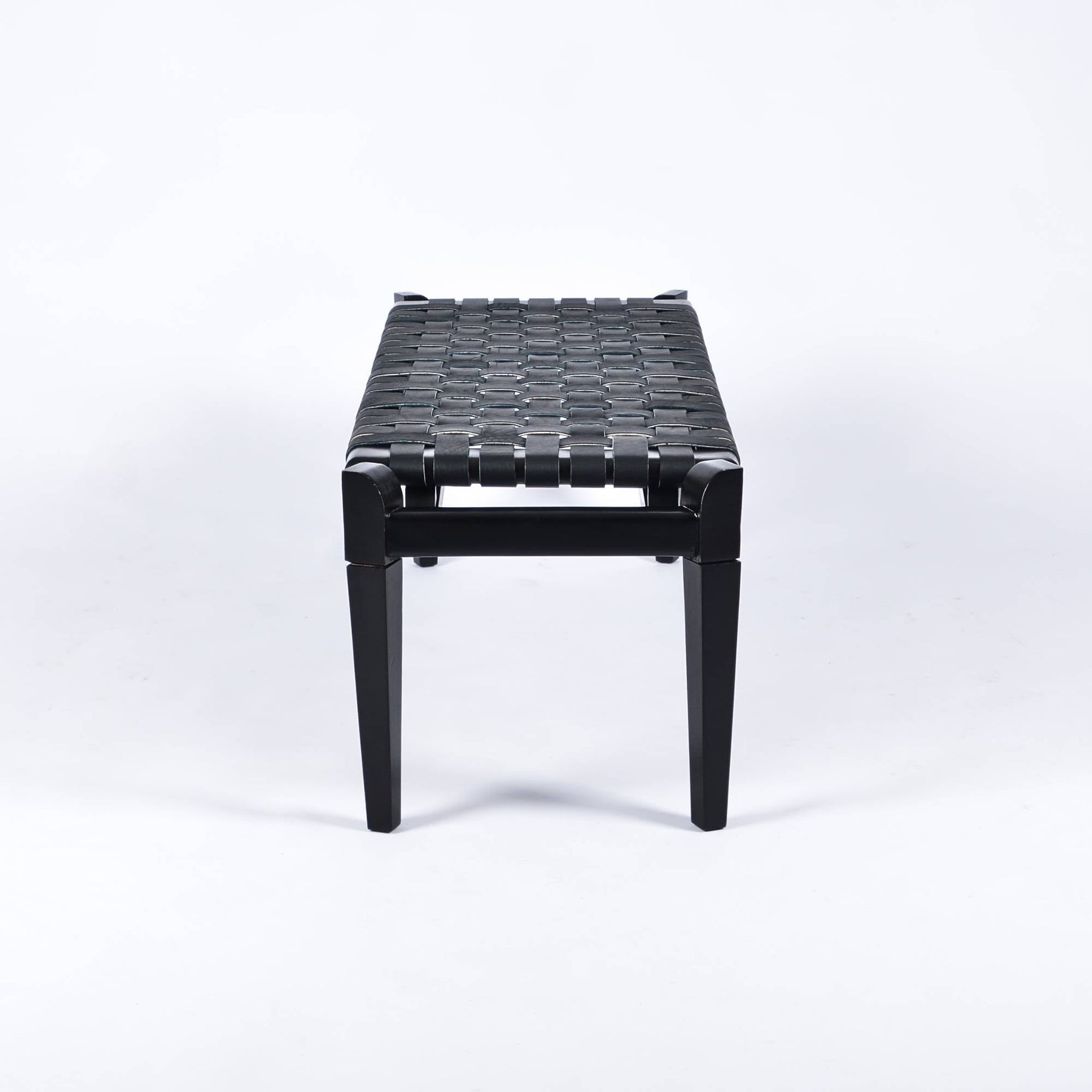 Leif Black Strap Woven Leather Bench Black Teak Wood - LuxoraCraft
