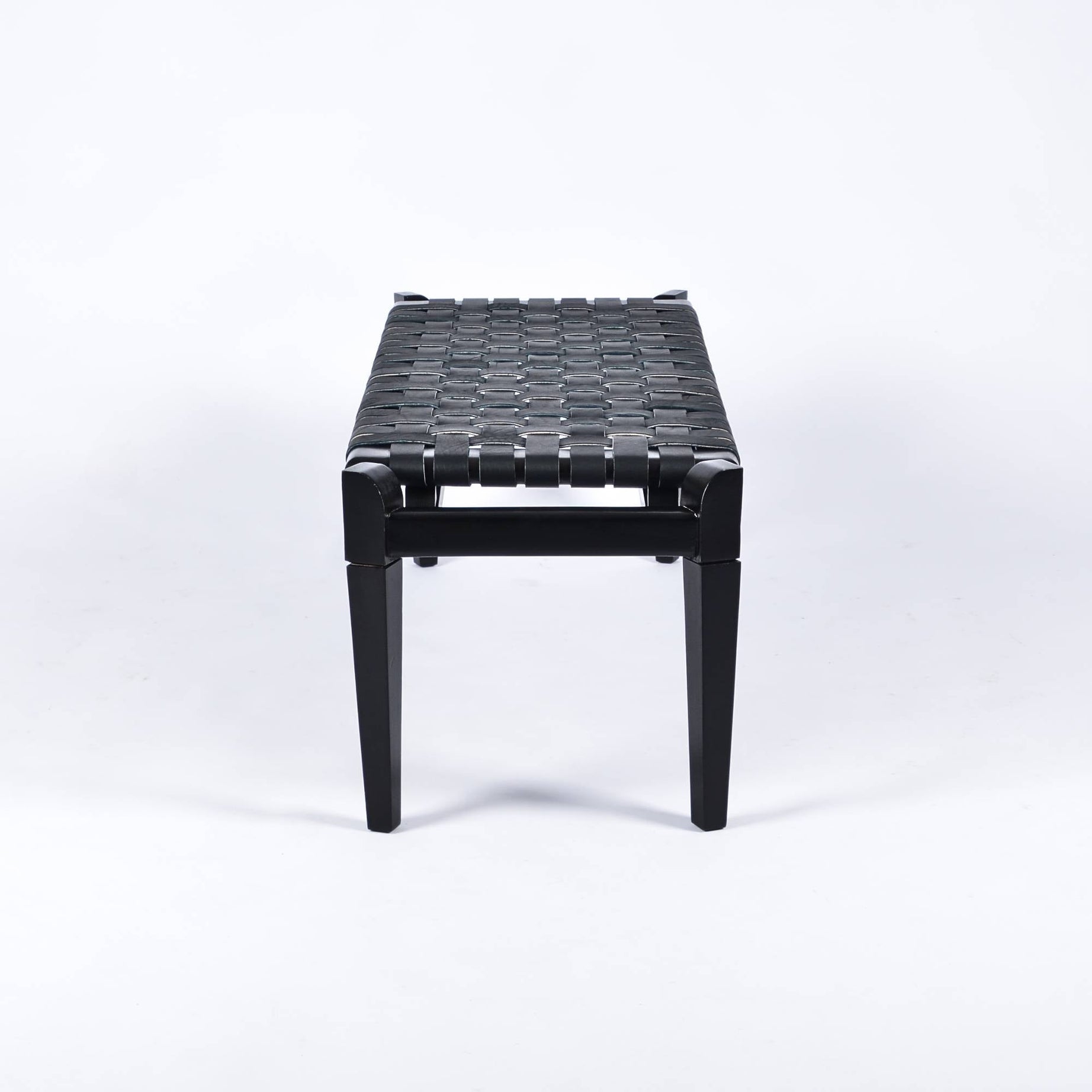 Leif Black Strap Woven Leather Bench Black Teak Wood - LuxoraCraft