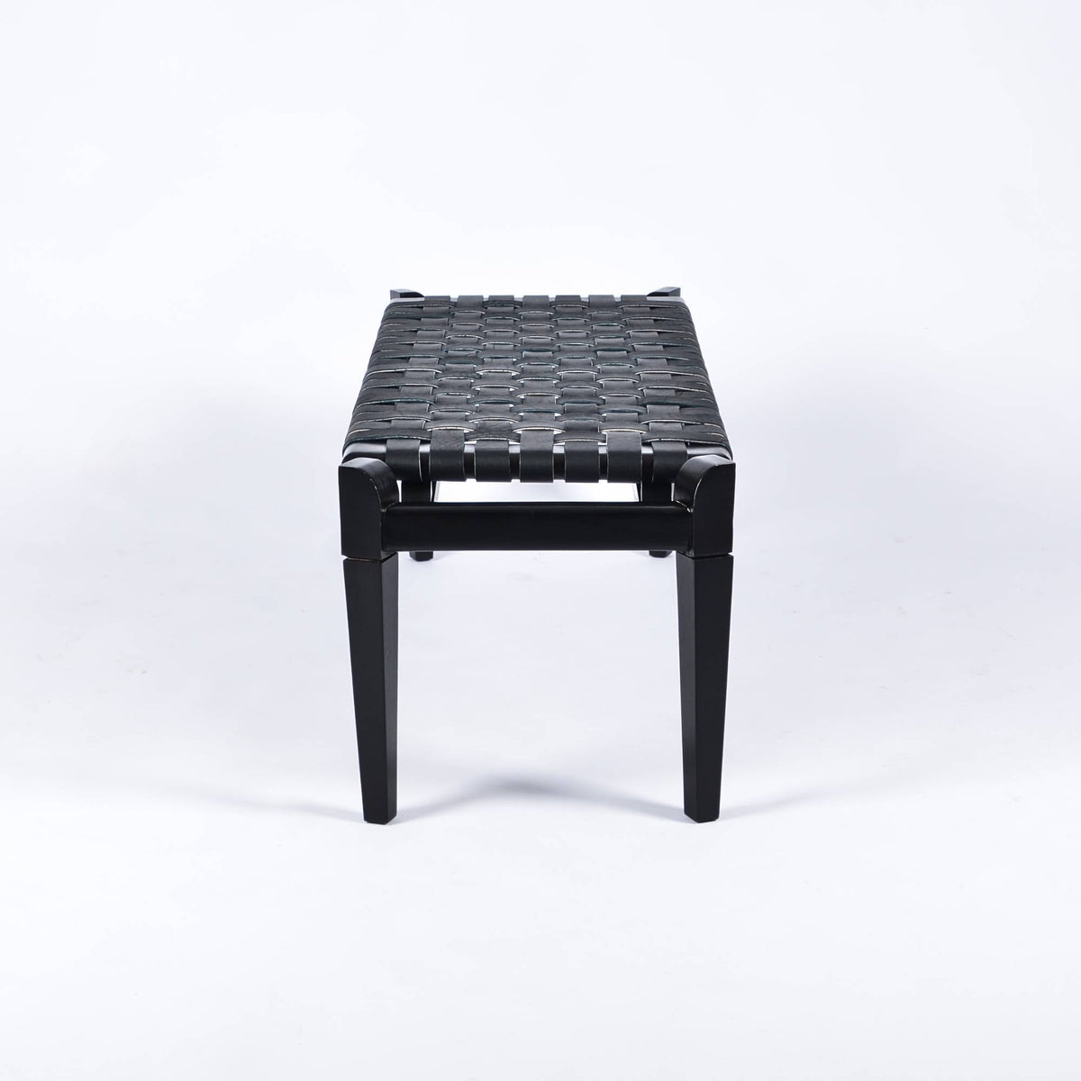 Leif Black Strap Woven Leather Bench Black Teak Wood - LuxoraCraft