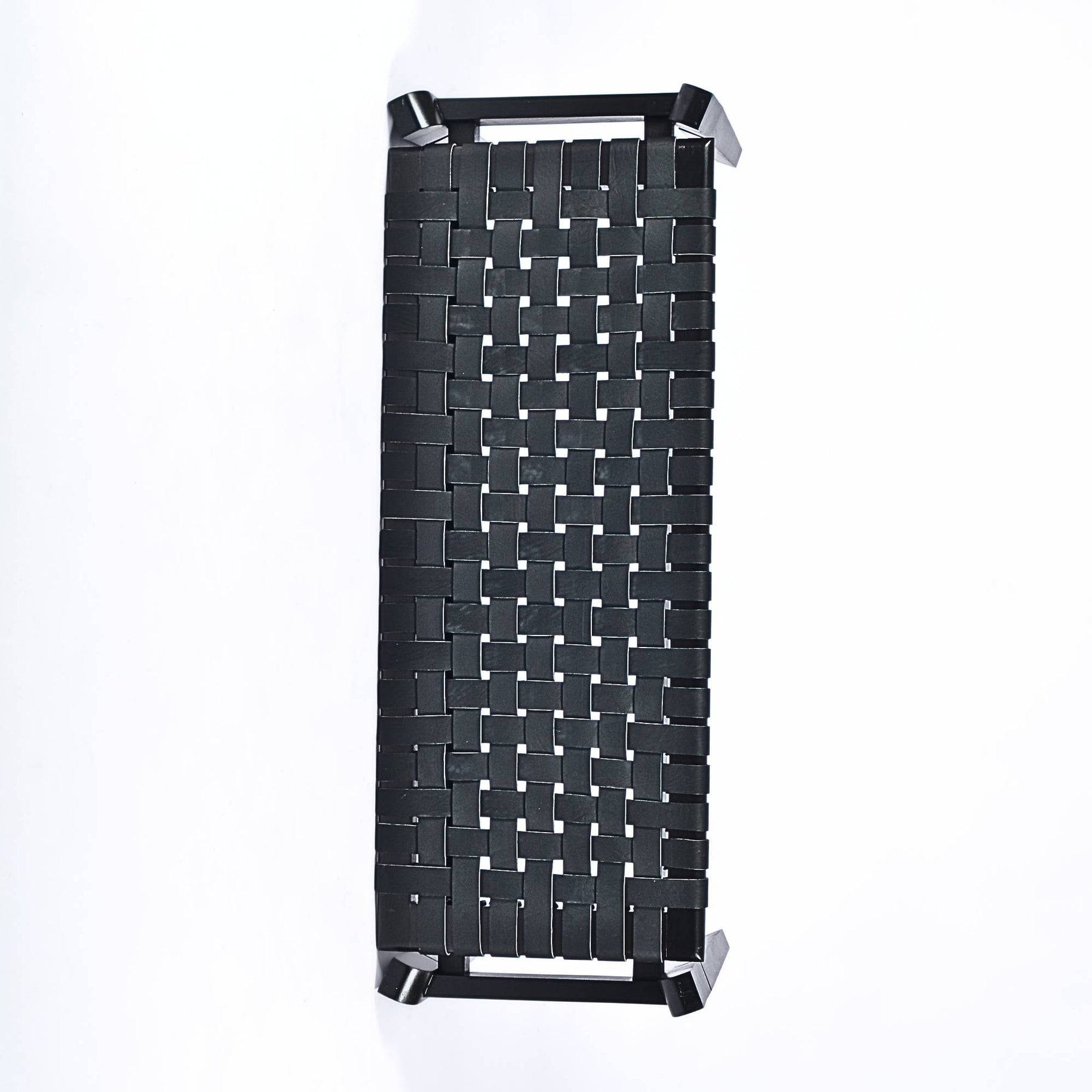 Leif Woven Leather Bench Black Teak Wood With Black Strap Leather