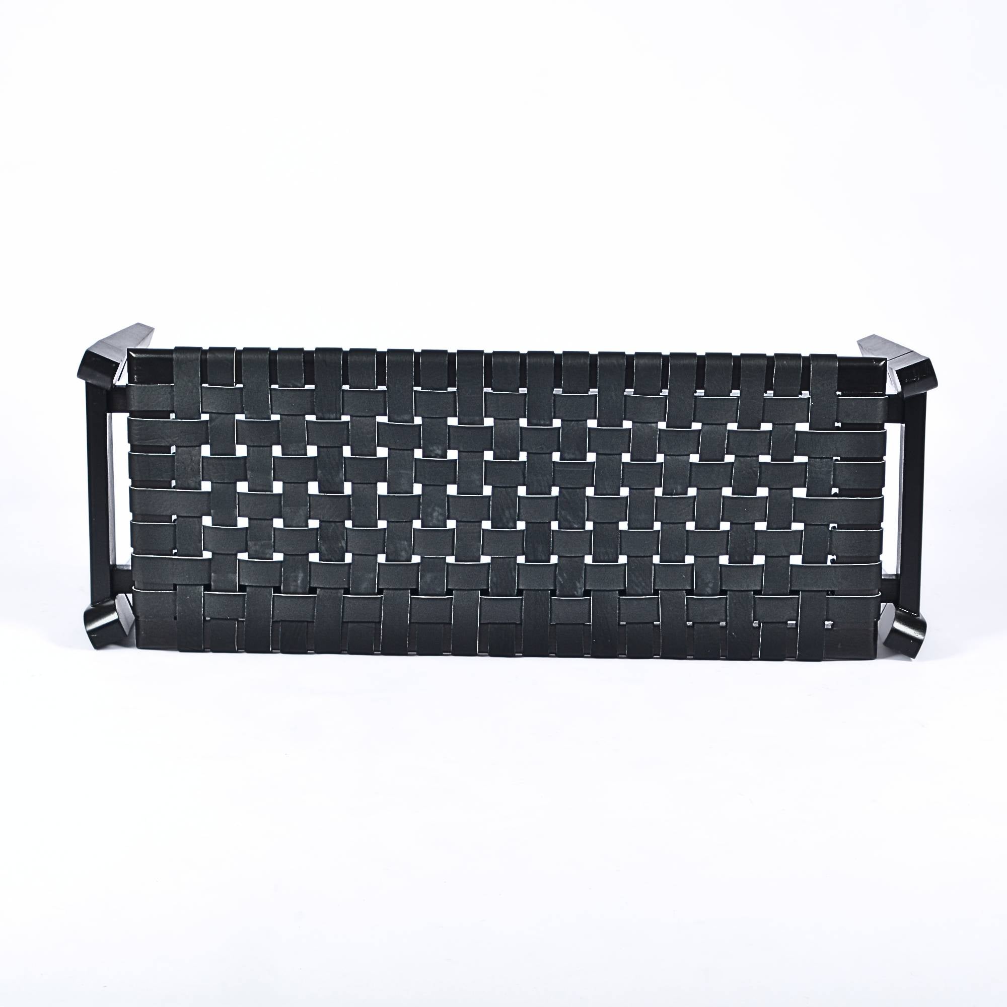 Leif Woven Leather Bench Black Teak Wood With Black Strap Leather