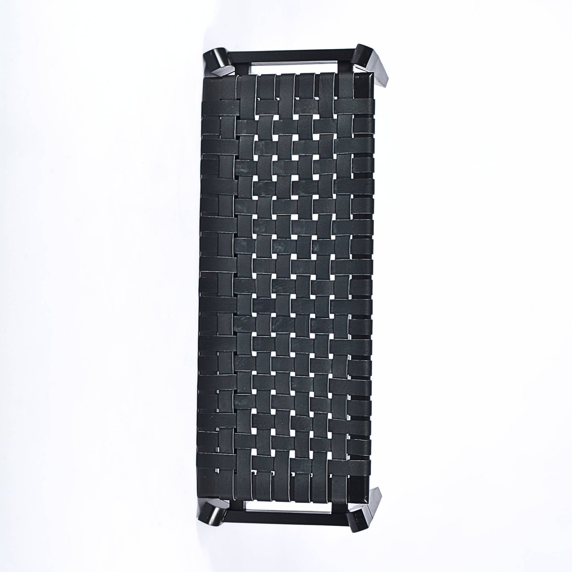 Leif Woven Leather Bench Black Teak Wood With Black Strap Leather