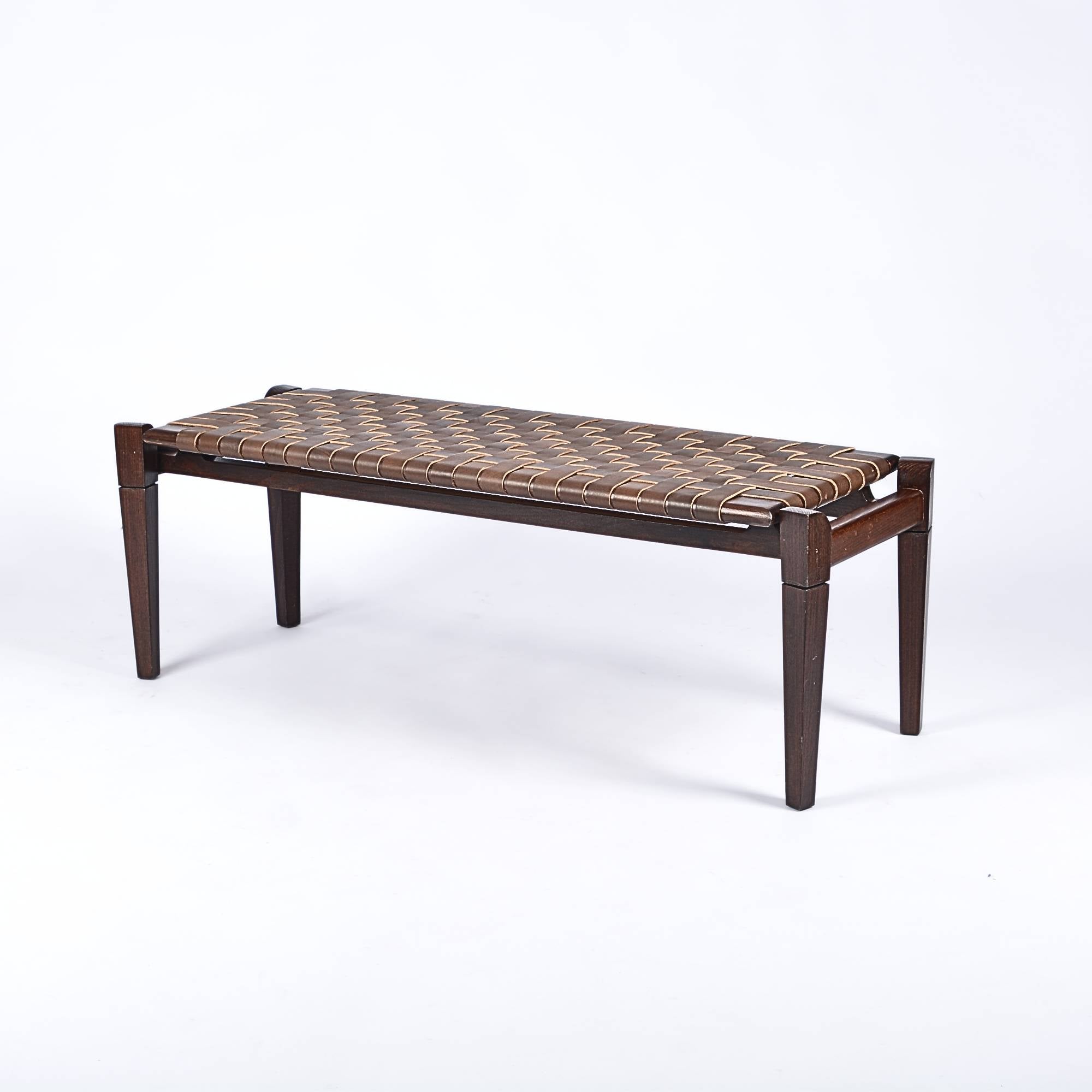Leif Woven Leather Bench Brown Strap Brown Teak Wood - LuxoraCraft