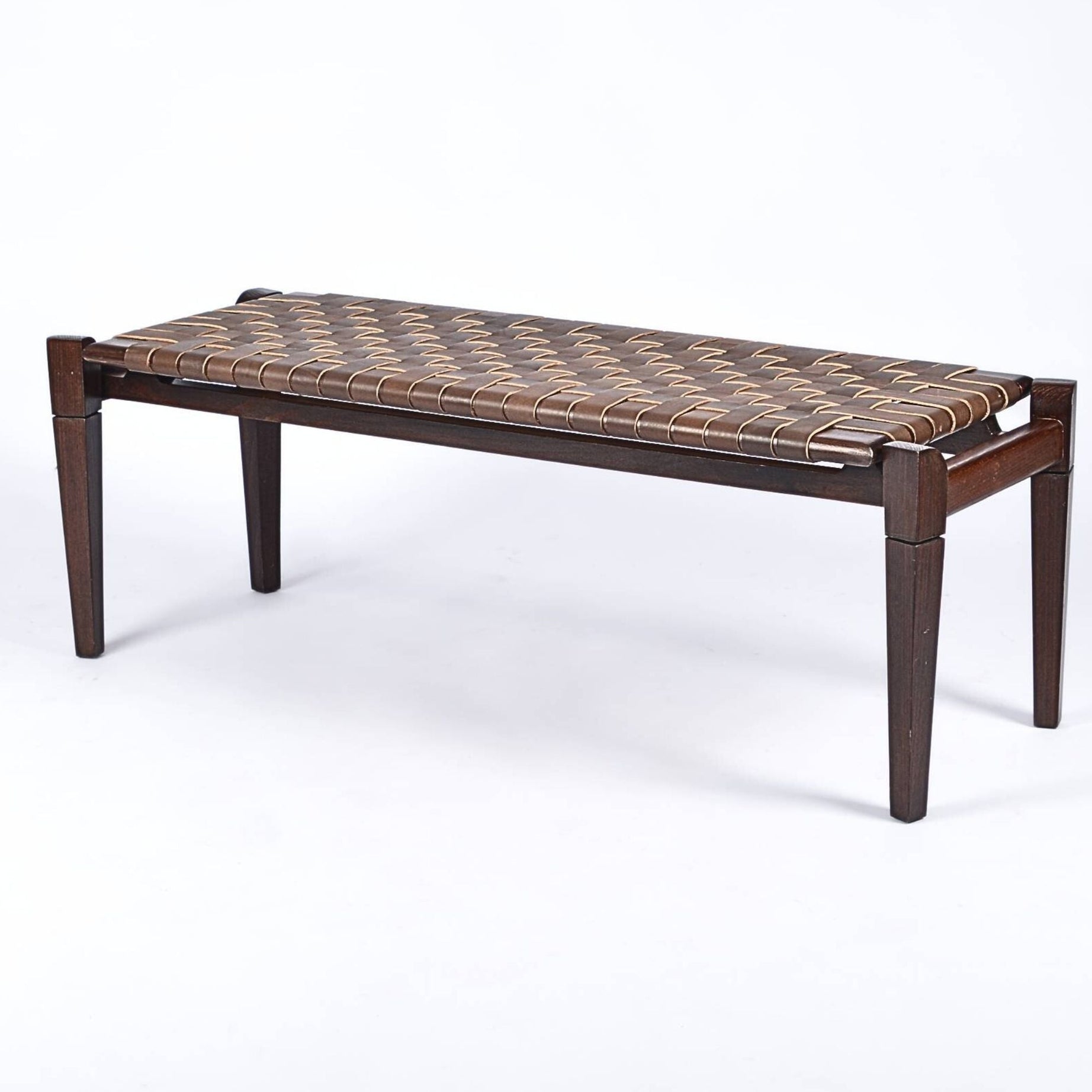 Leif Brown Strap Woven Leather Bench Brown Teak Moroccan - LuxoraCraft
