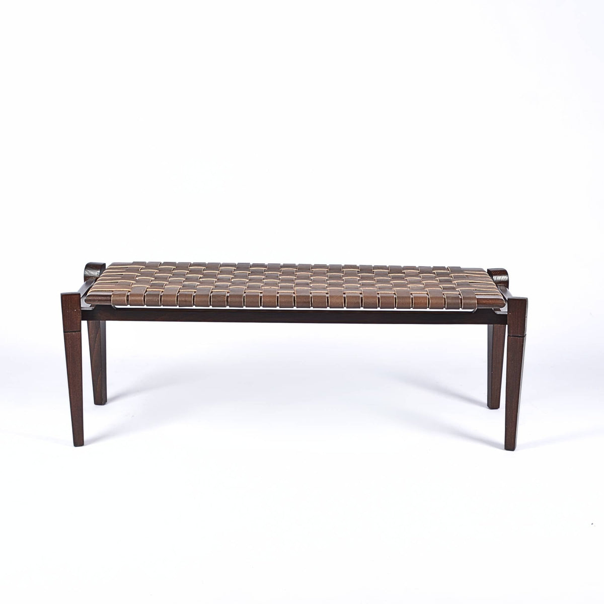 Leif Woven Brown Leather Bench Brown Teak Wood Side View - LuxoraCraft