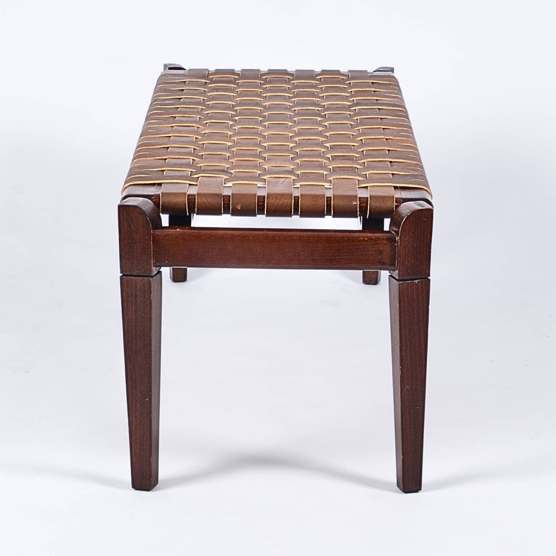 Leif Brown Strap Leather Bench Brown Teak Handcrafted - LuxoraCraft