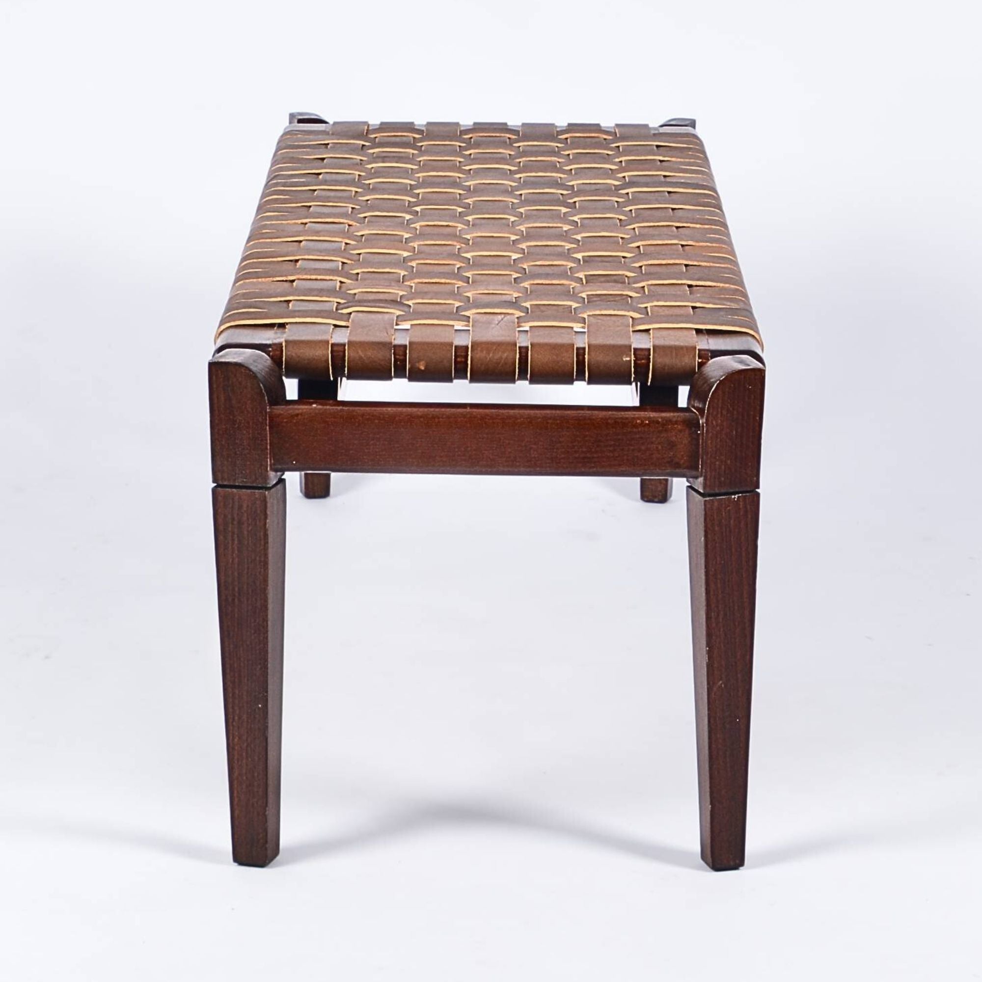 Leif Brown Strap Leather Bench Brown Teak Handcrafted - LuxoraCraft