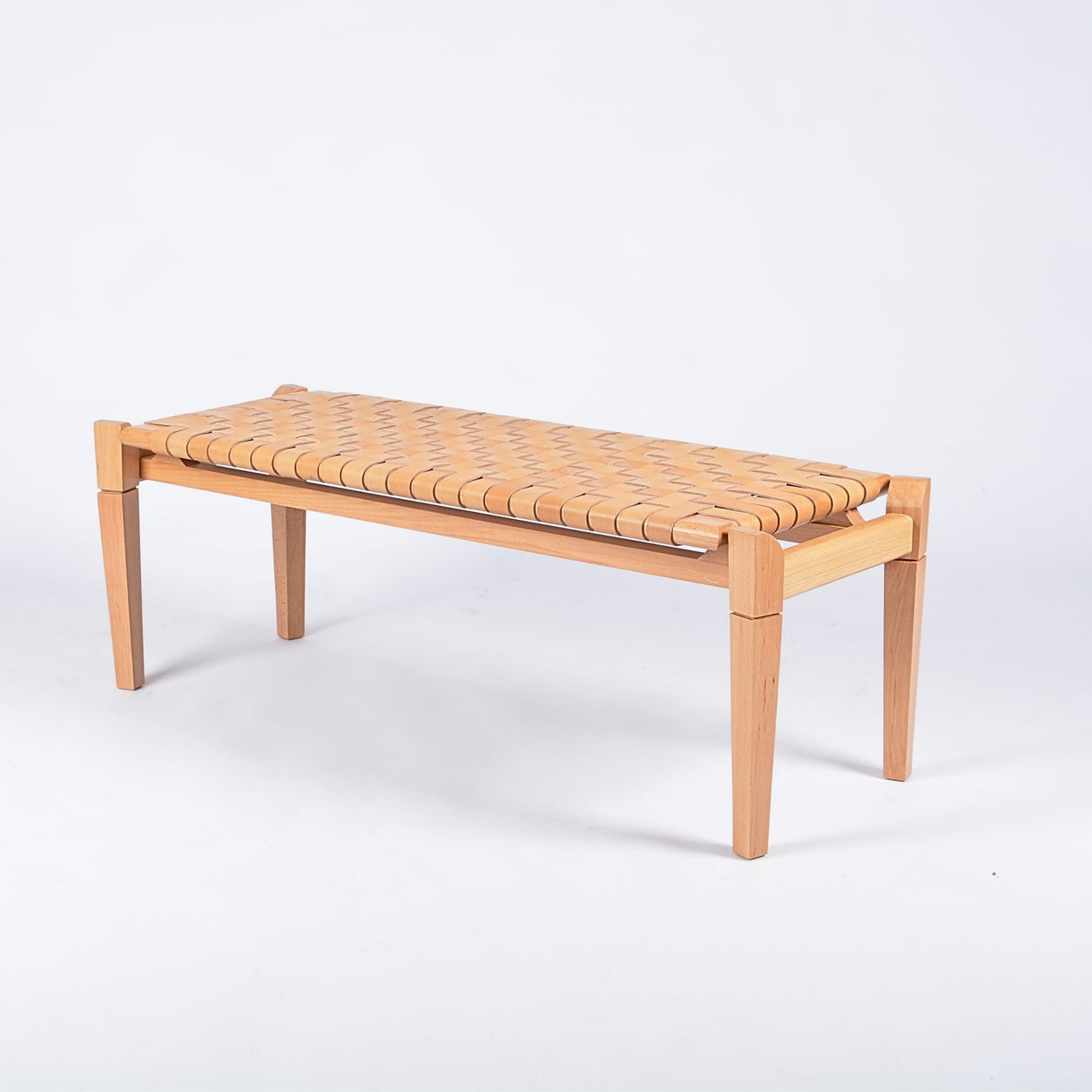 Leif Woven Leather Bench Beige Strap Varnished Teak Wood - LuxoraCraft